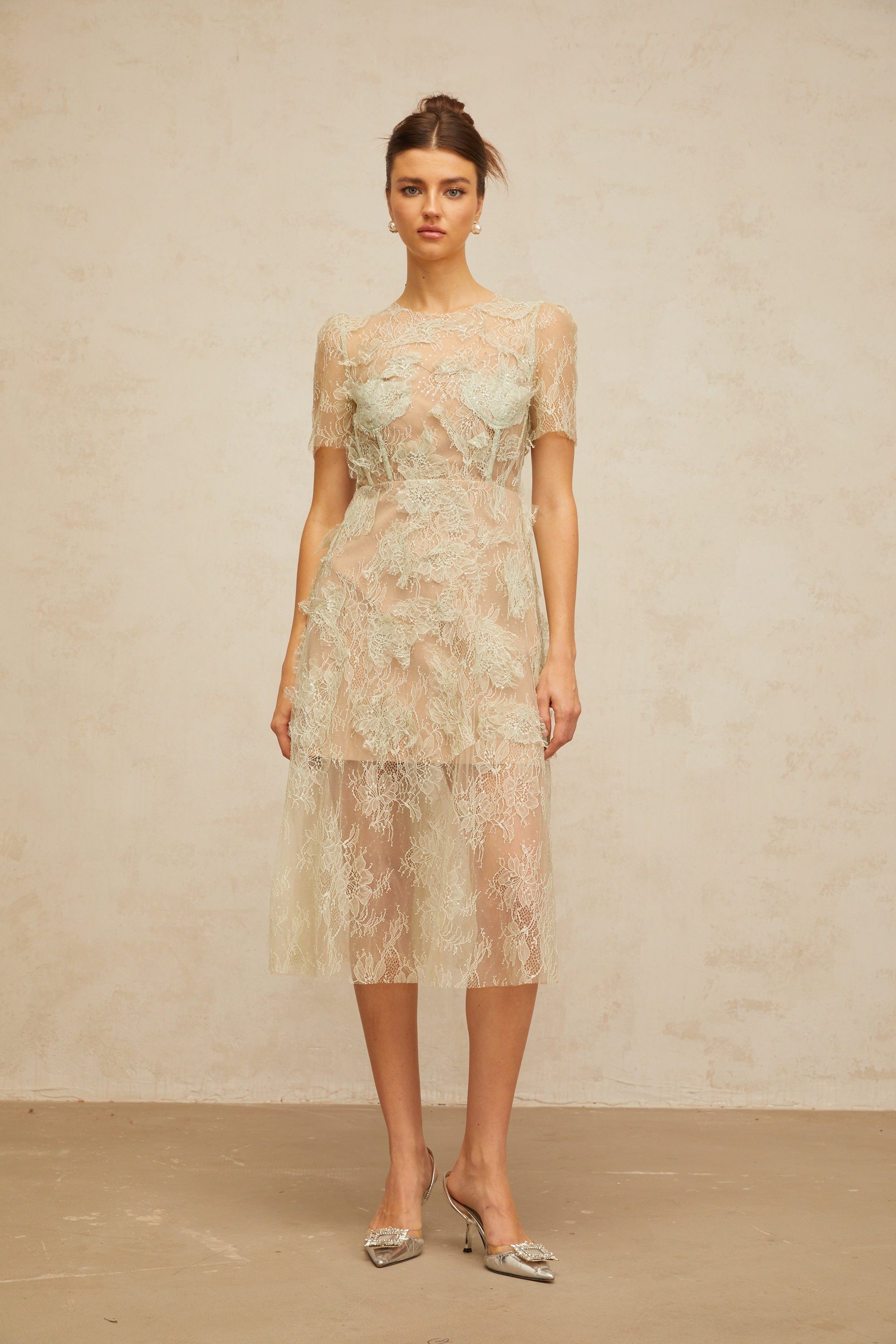 Xaviera mint-green floral-lace midi dress
