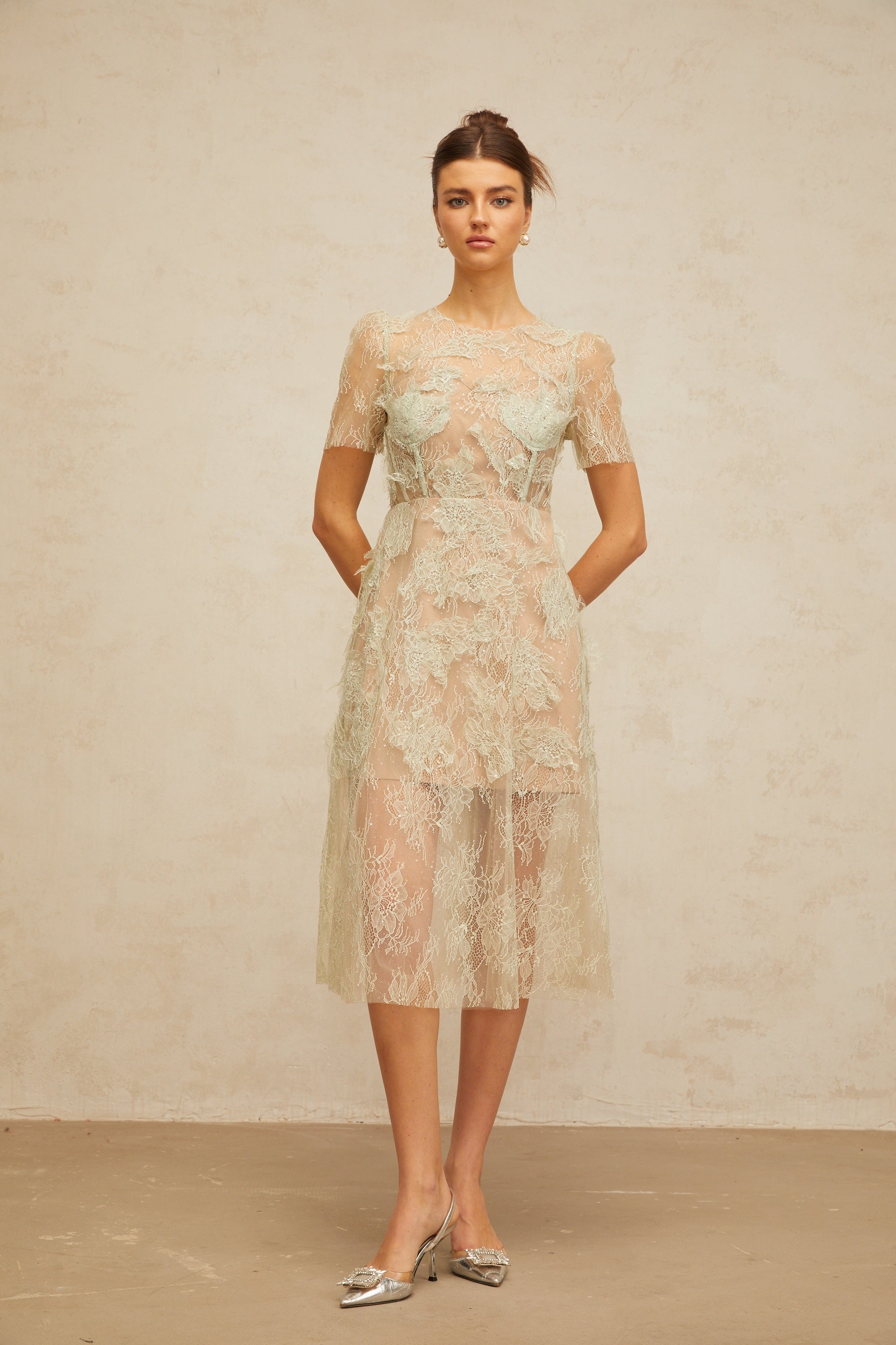 Xaviera mint-green floral-lace midi dress