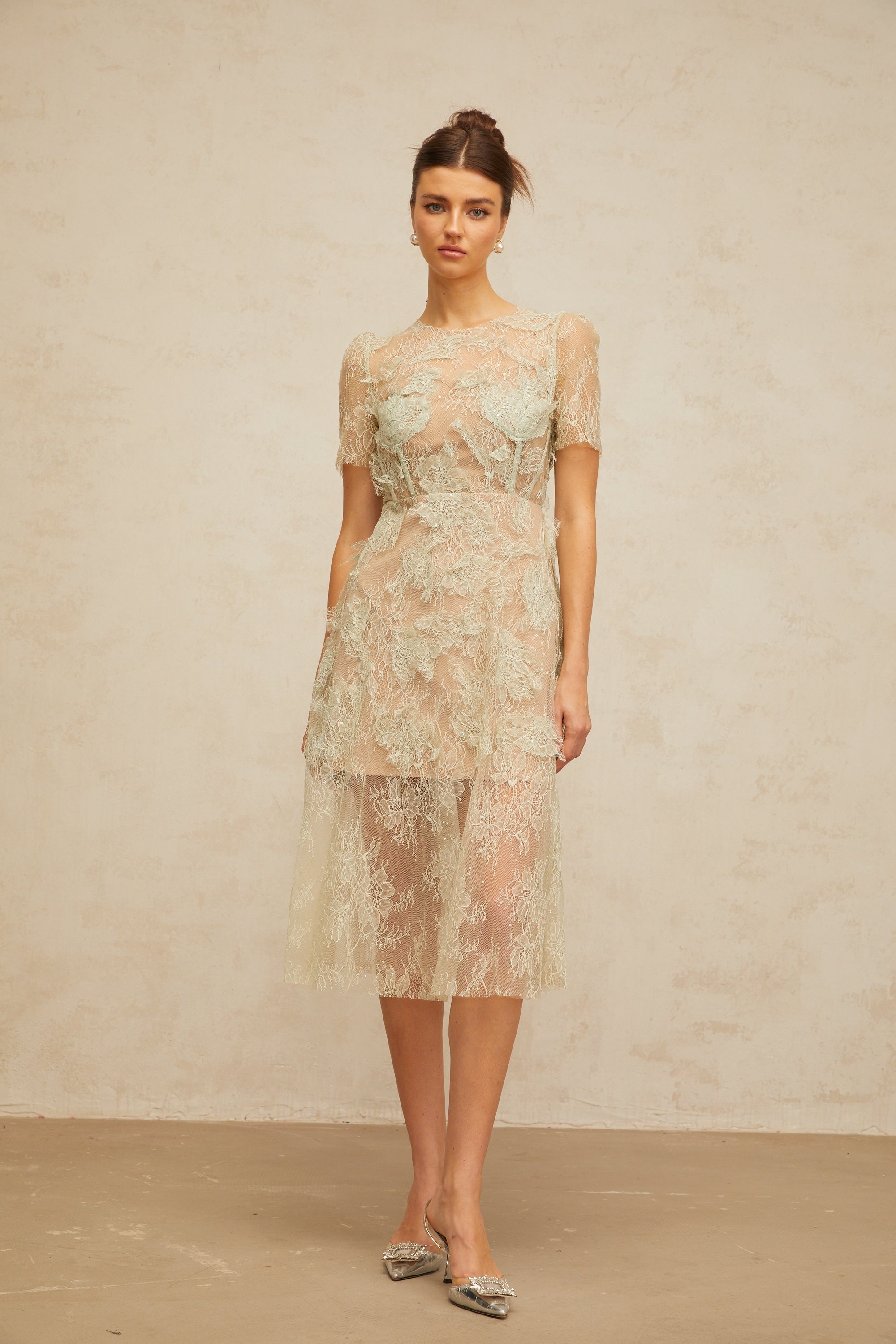 Xaviera mint-green floral-lace midi dress