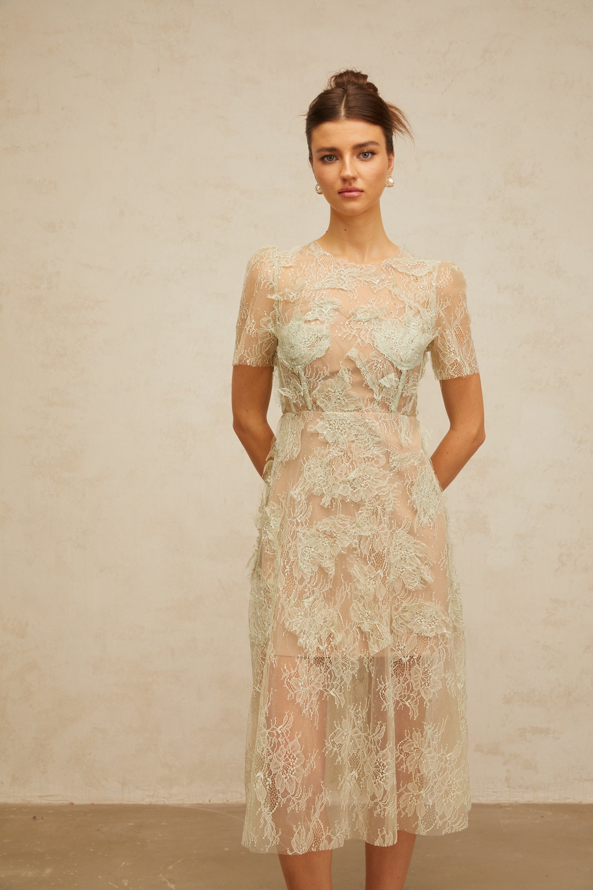 Xaviera mint-green floral-lace midi dress