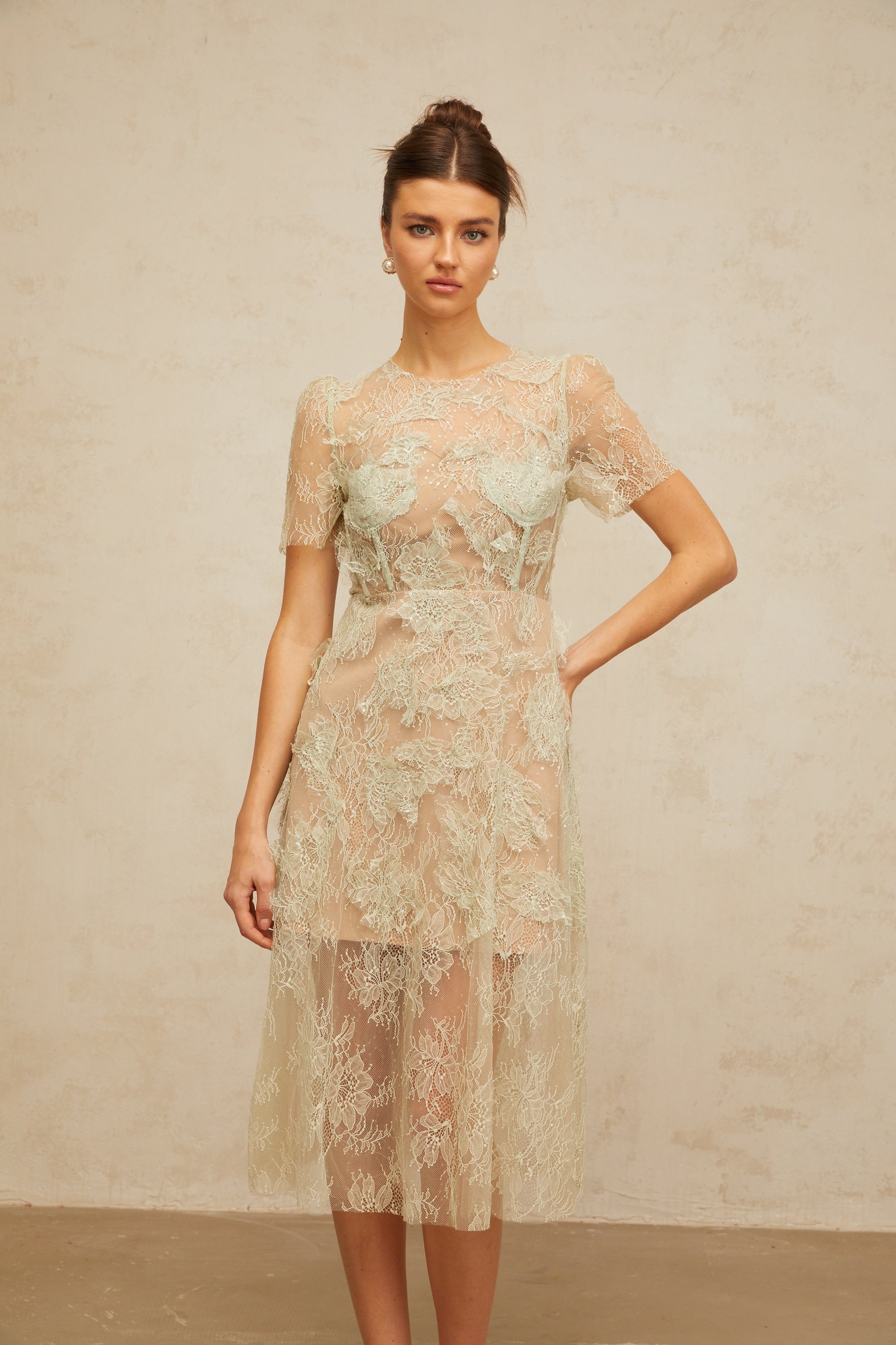 Xaviera mint-green floral-lace midi dress