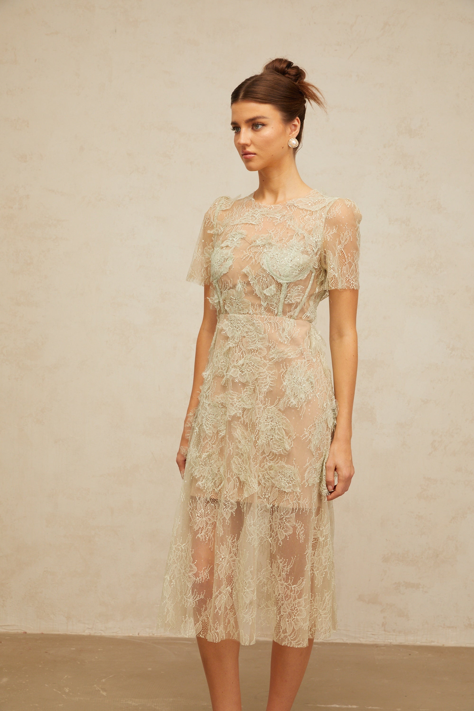 Xaviera mint-green floral-lace midi dress