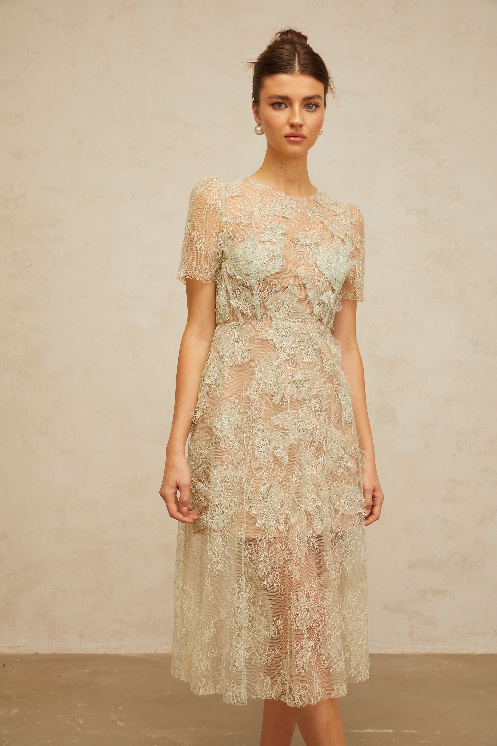 Xaviera mint-green floral-lace midi dress