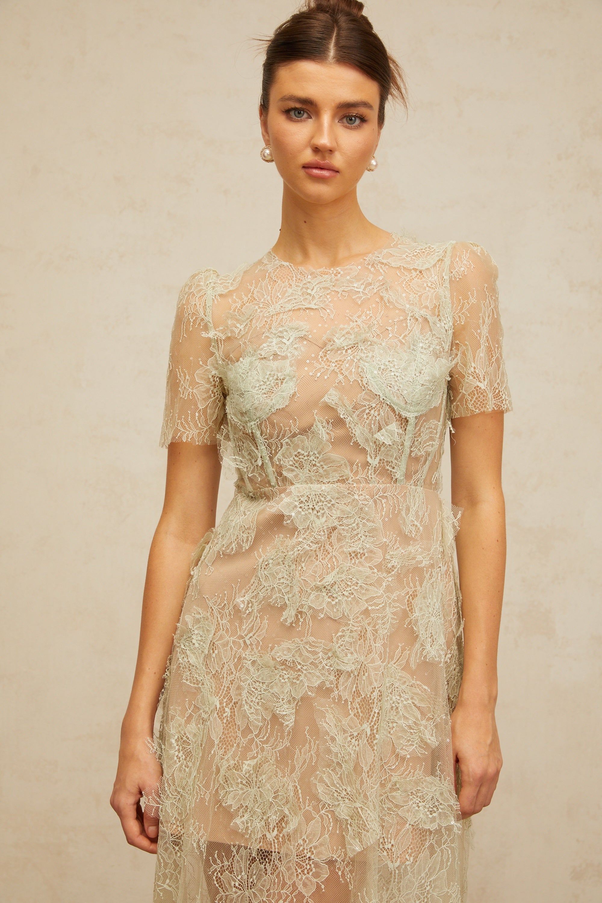 Xaviera mint-green floral-lace midi dress