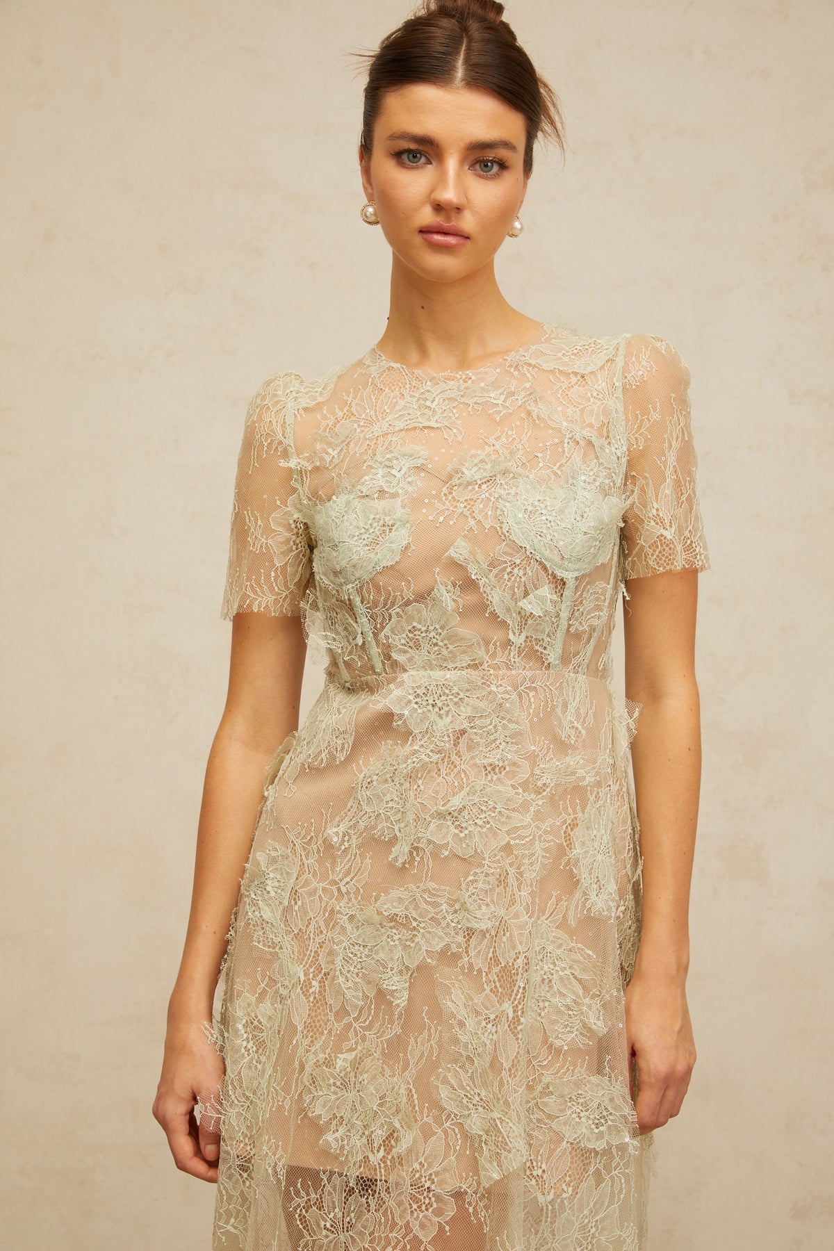 Xaviera mint-green floral-lace midi dress