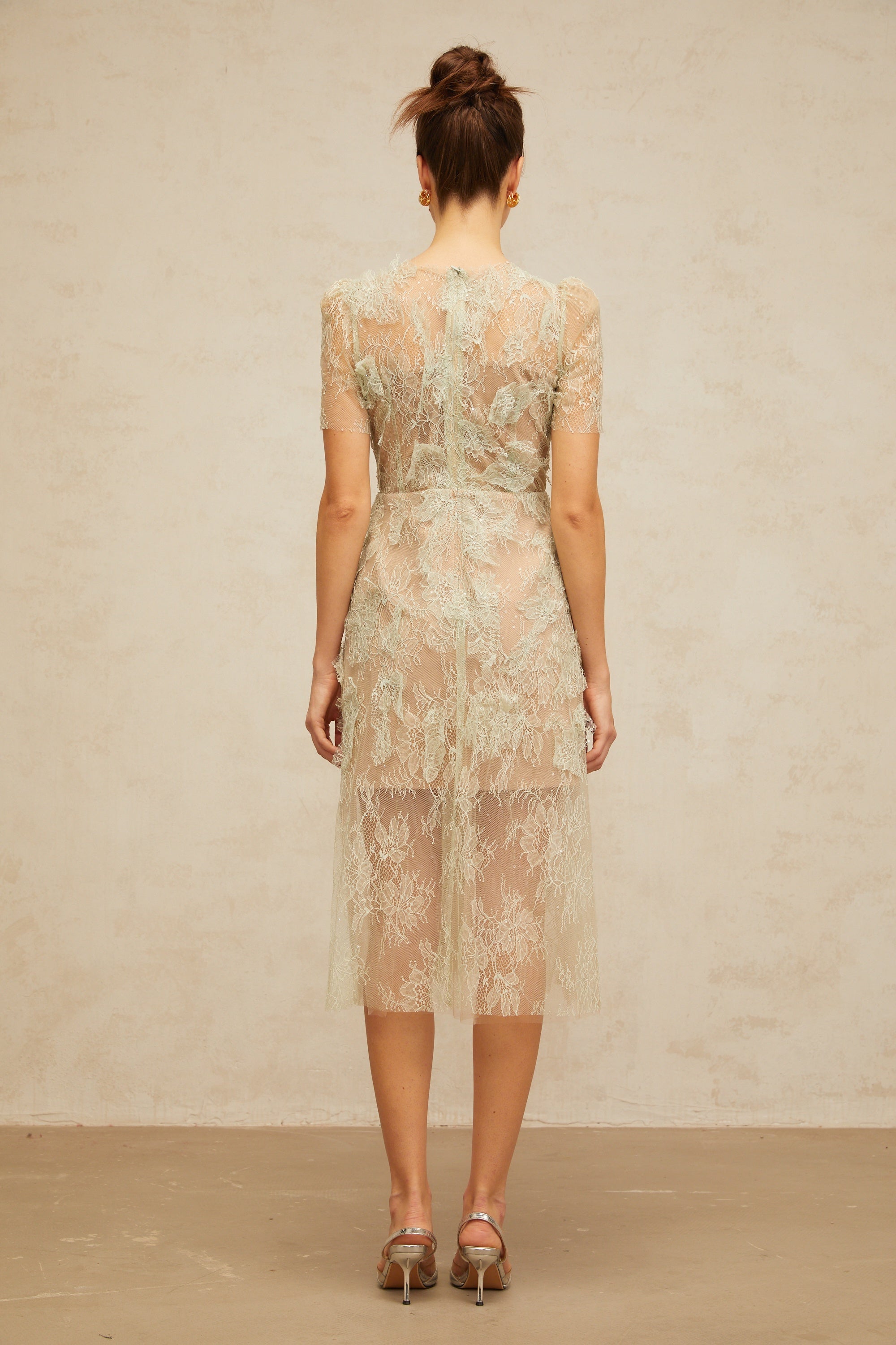 Xaviera mint-green floral-lace midi dress