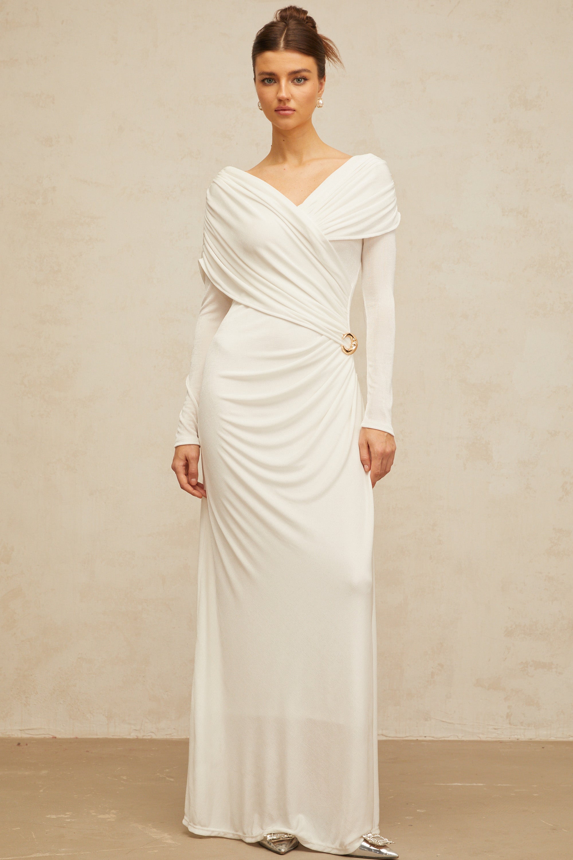 Hélène ruched fitted stretch maxi dress in White (Final Sale-US Only)
