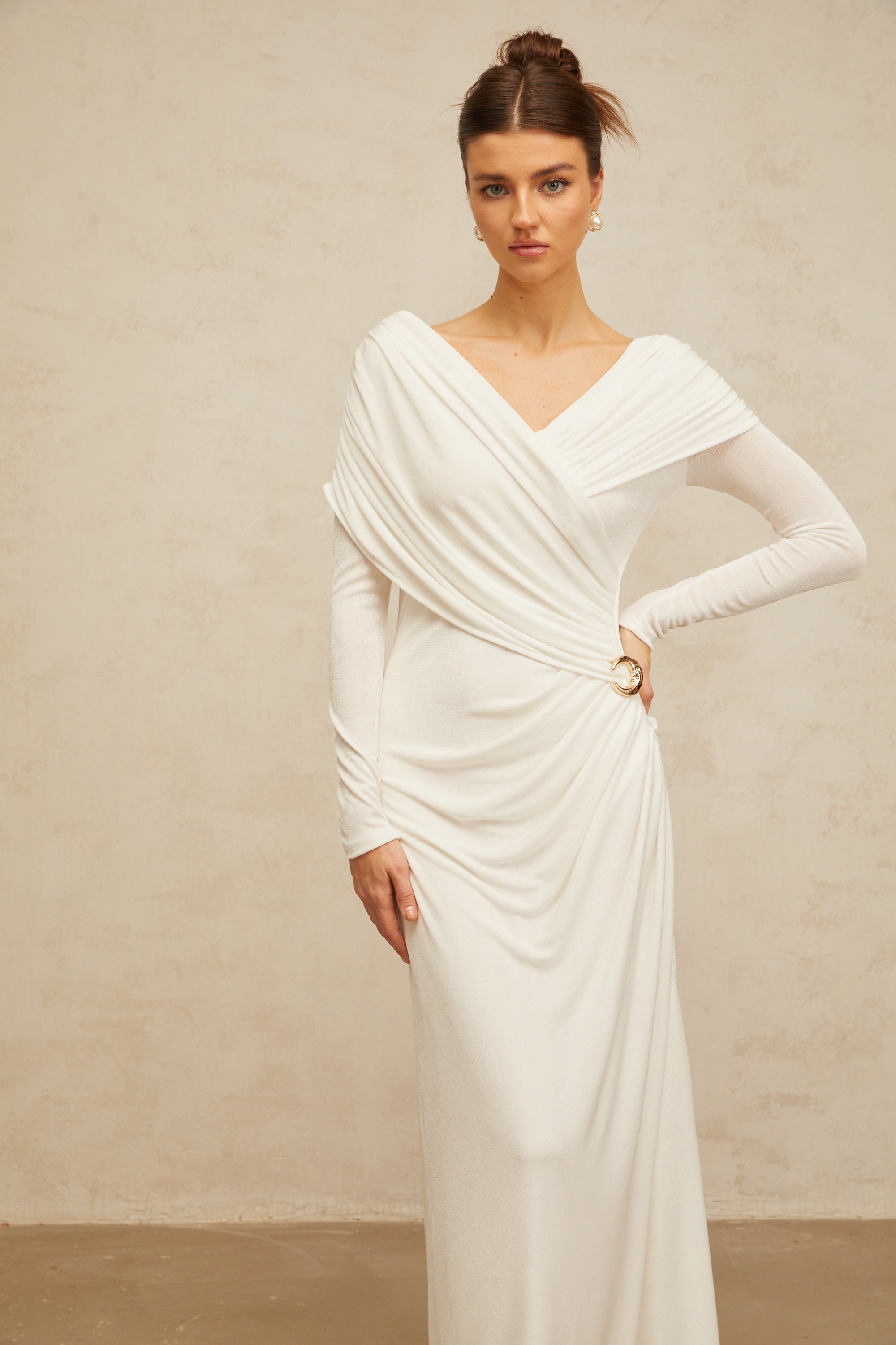 Hélène ruched fitted stretch maxi dress in White