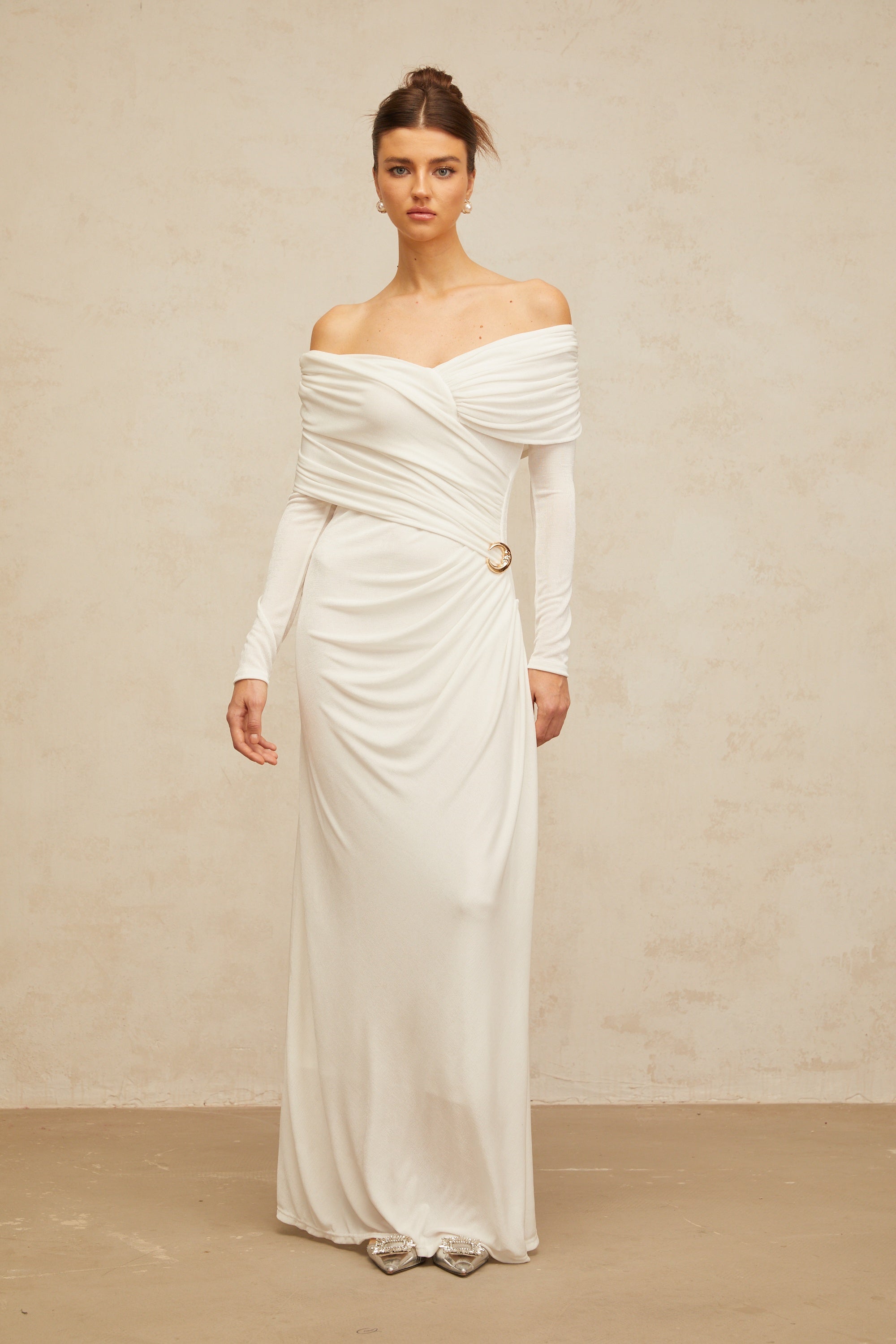 Hélène ruched fitted stretch maxi dress in White (Final Sale-US Only)