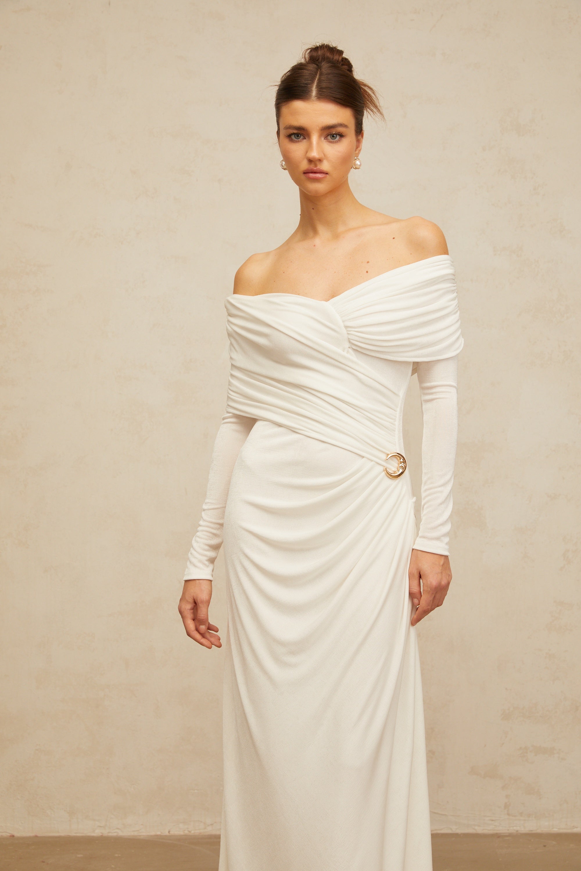 Hélène ruched fitted stretch maxi dress in White
