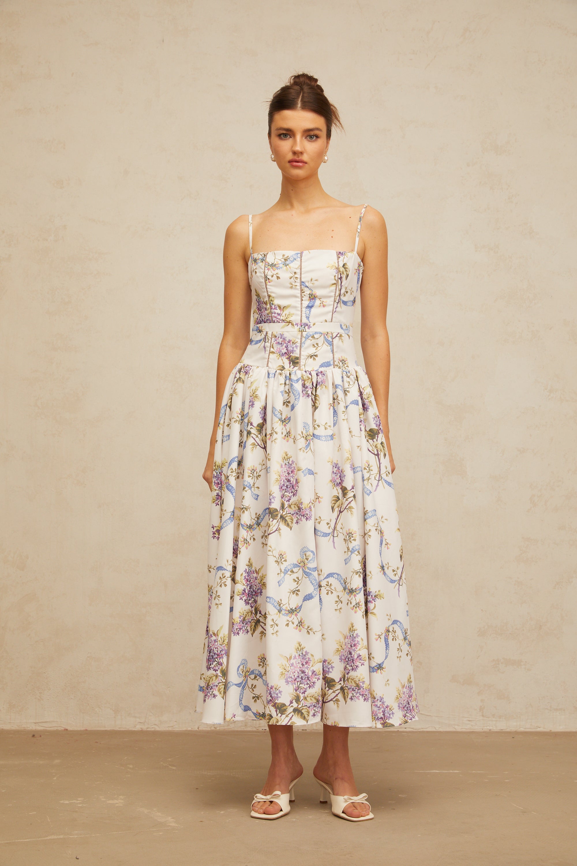 Fleur white floral-print midi dress