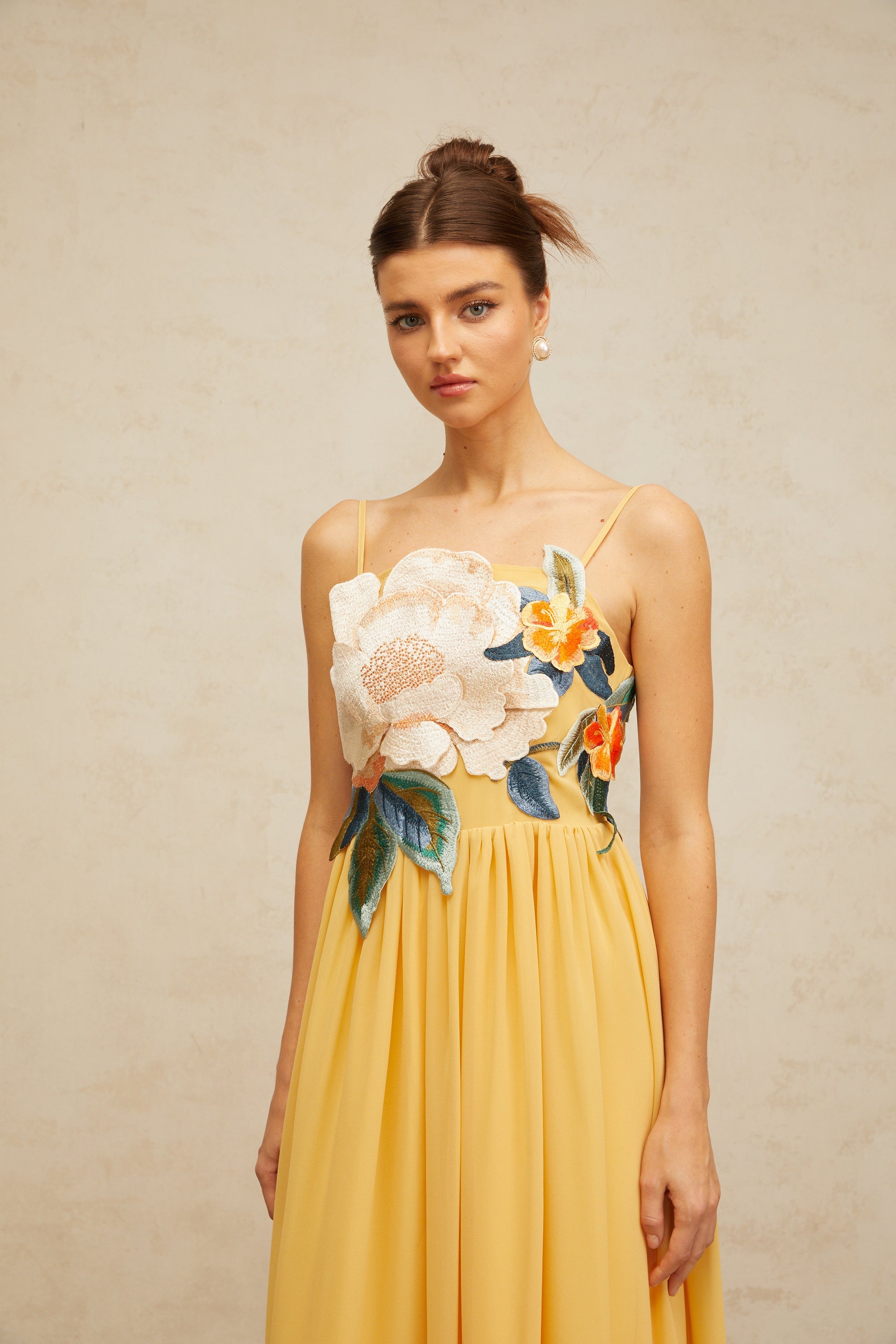 Josette floral-embroidered shirred maxi dress in Yellow