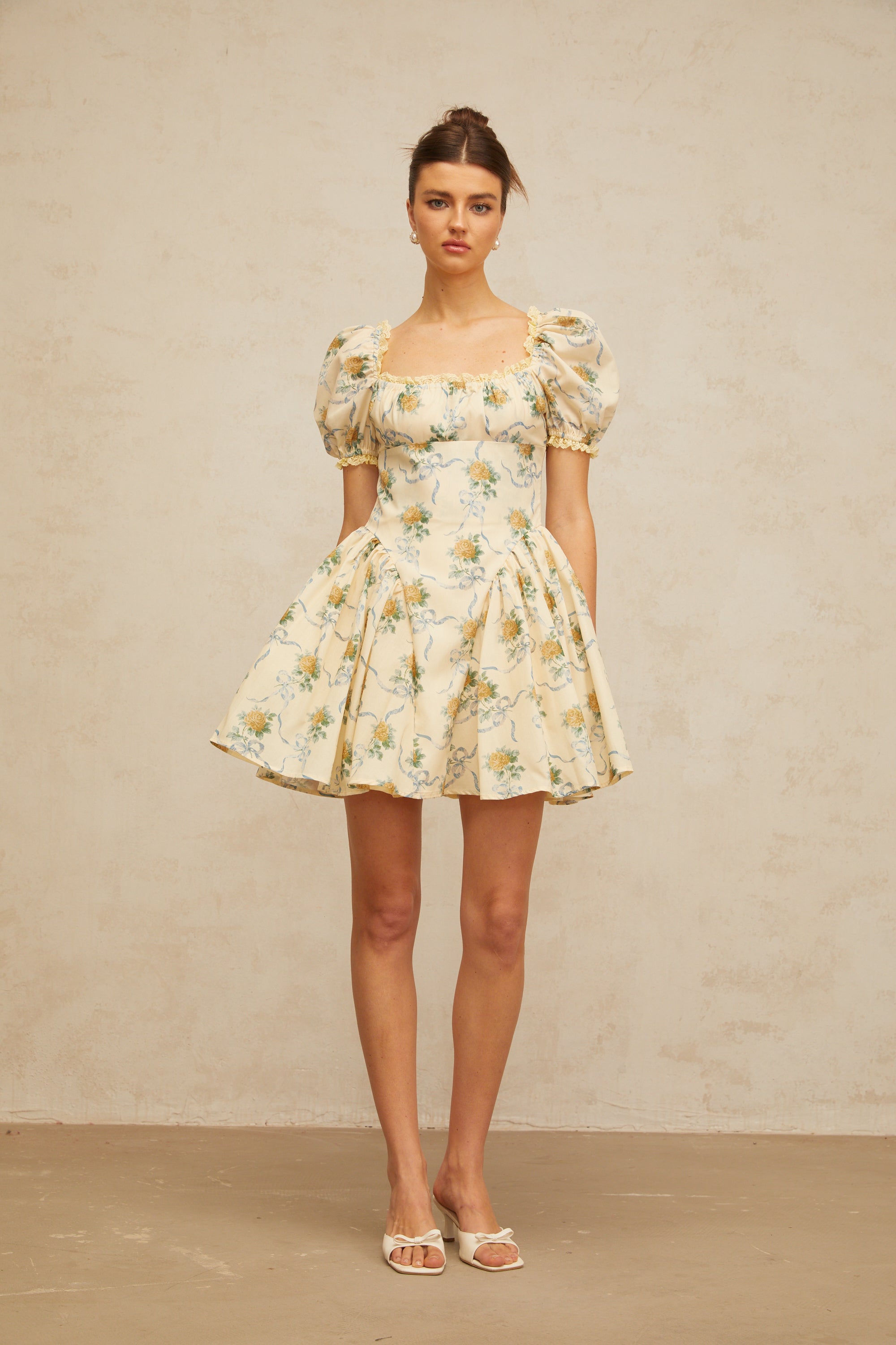 Tiphaine yellow floral-print shirred mini dress