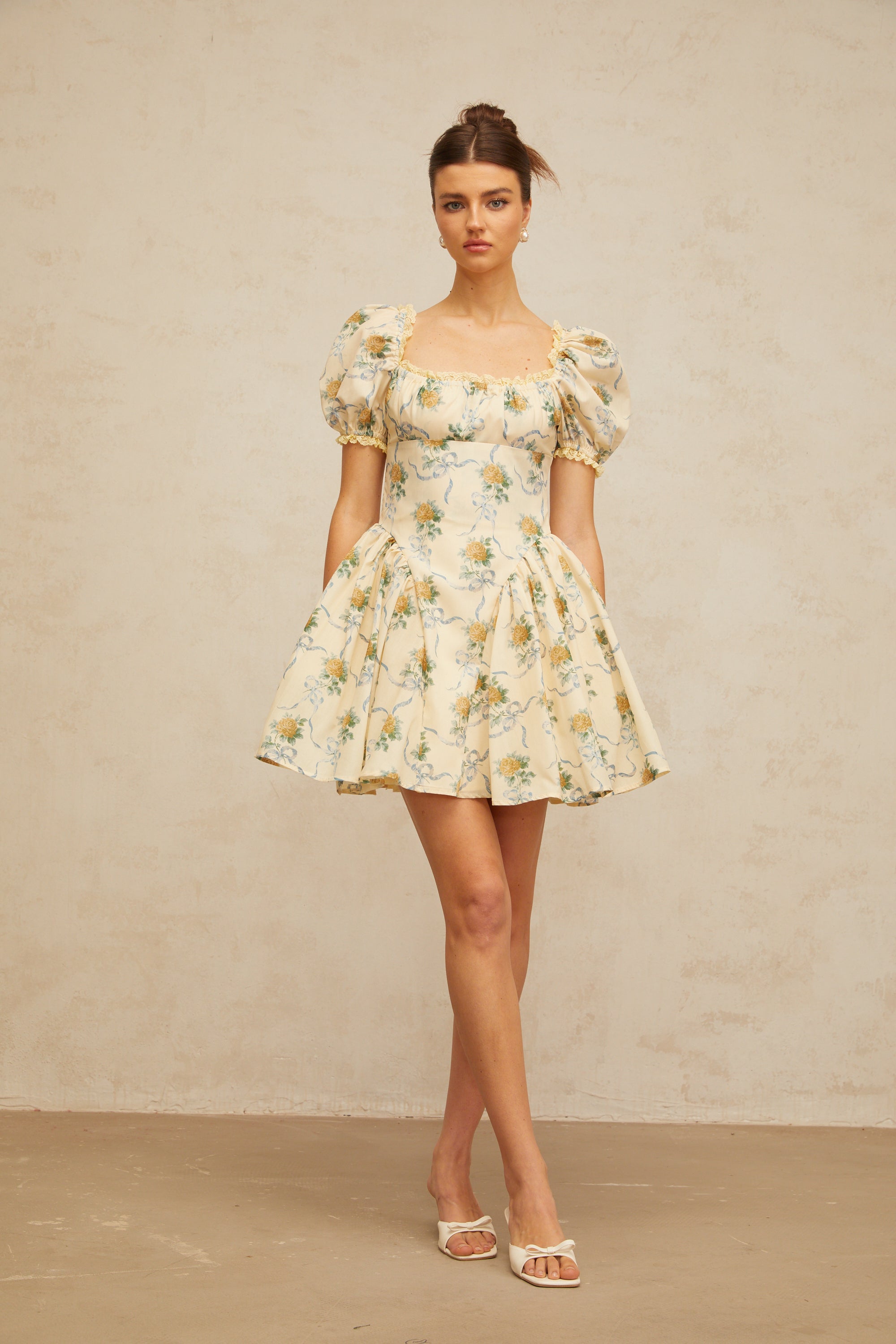 Tiphaine yellow floral-print shirred mini dress