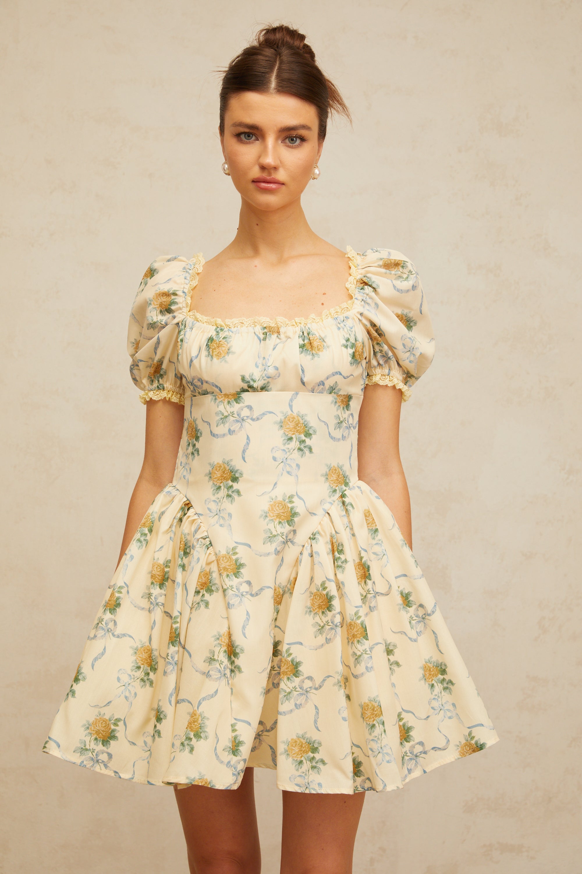 Tiphaine yellow floral-print shirred mini dress