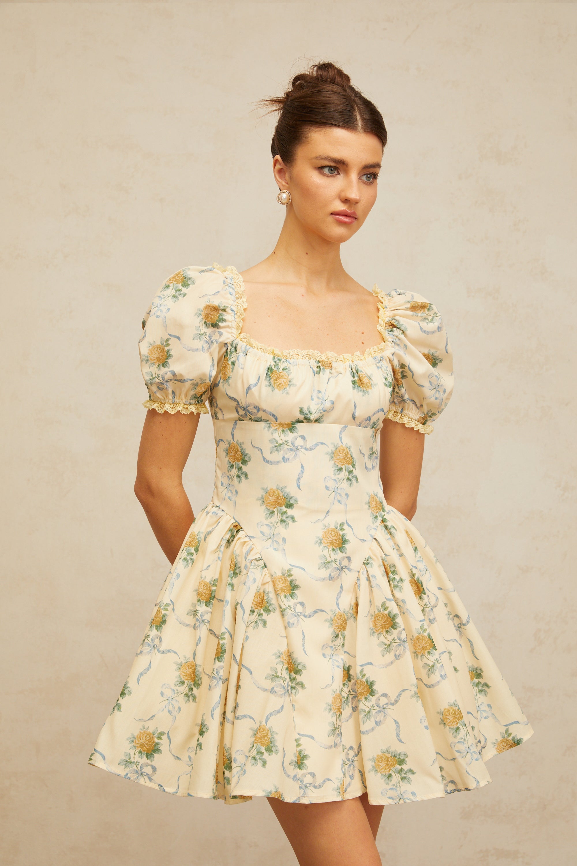 Tiphaine yellow floral-print shirred mini dress
