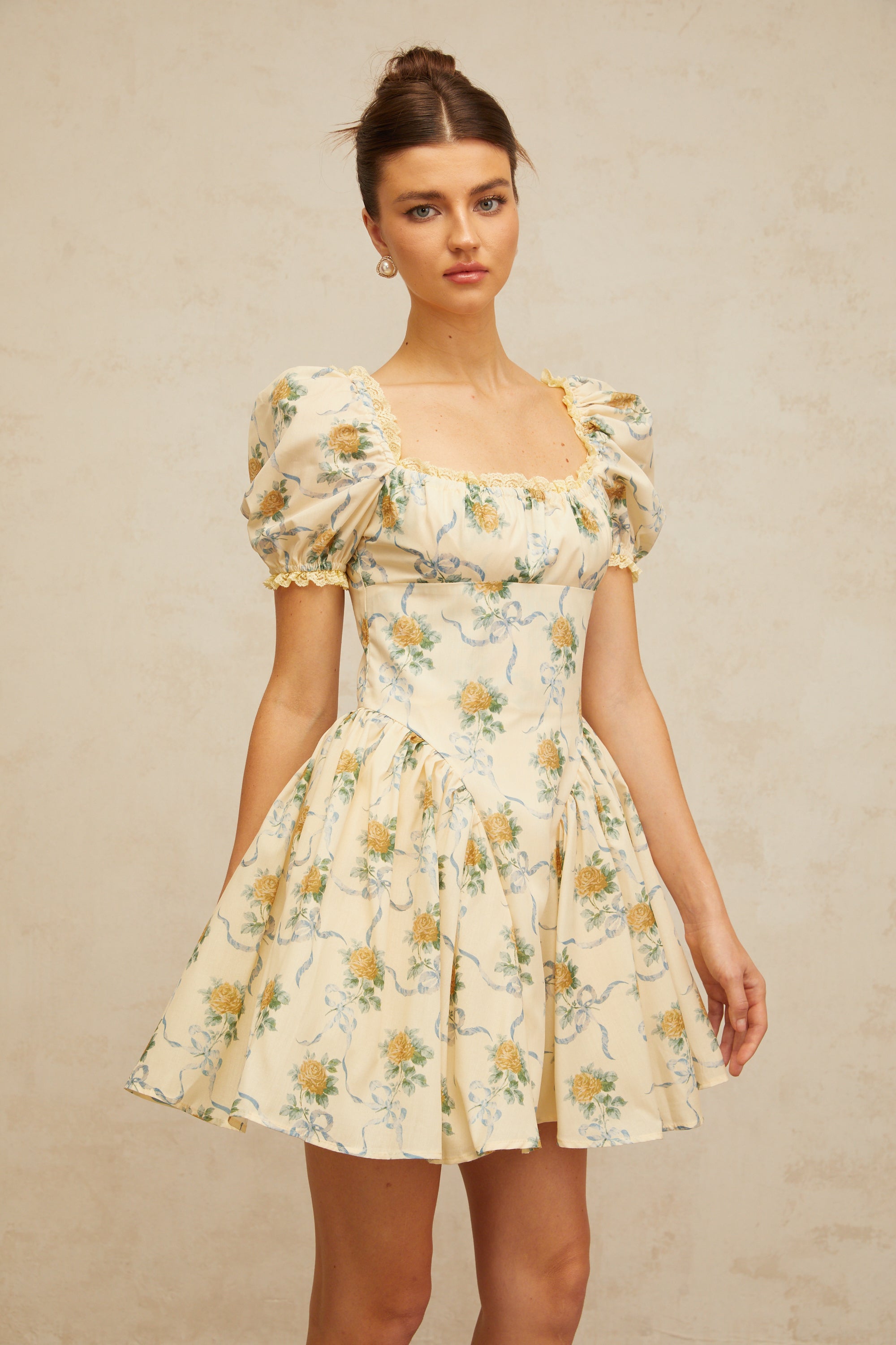 Tiphaine yellow floral-print shirred mini dress