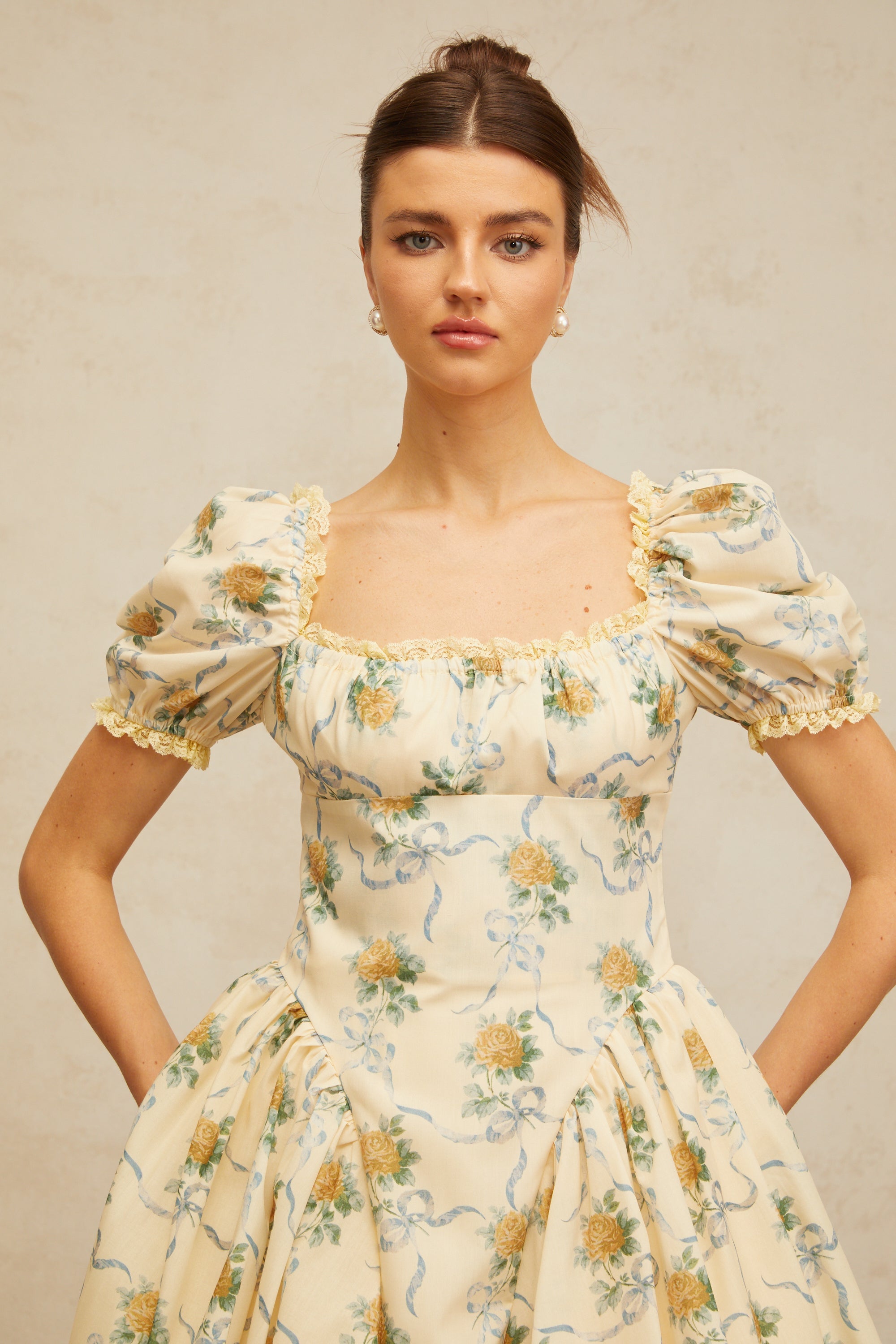 Tiphaine yellow floral-print shirred mini dress