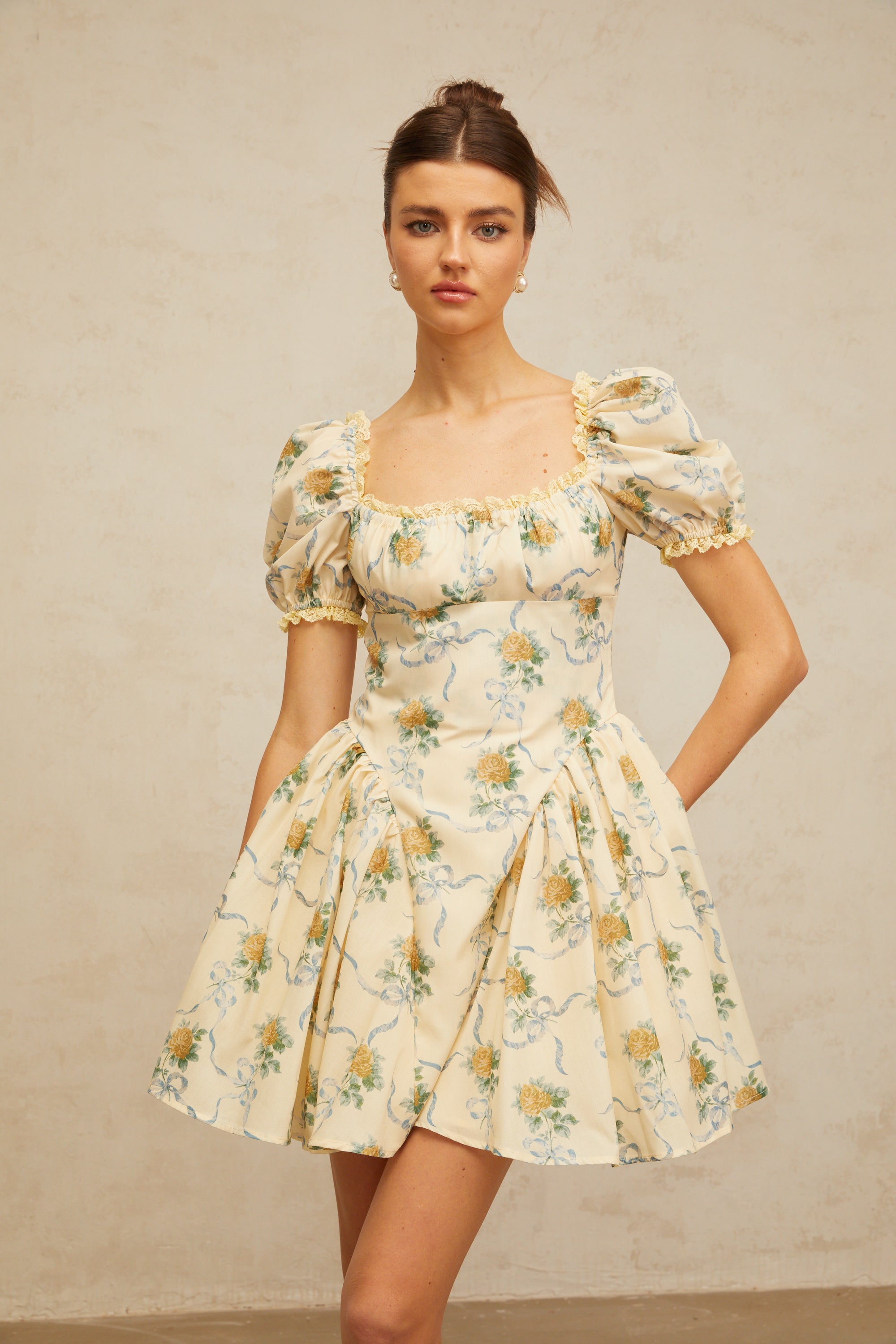 Tiphaine yellow floral-print shirred mini dress
