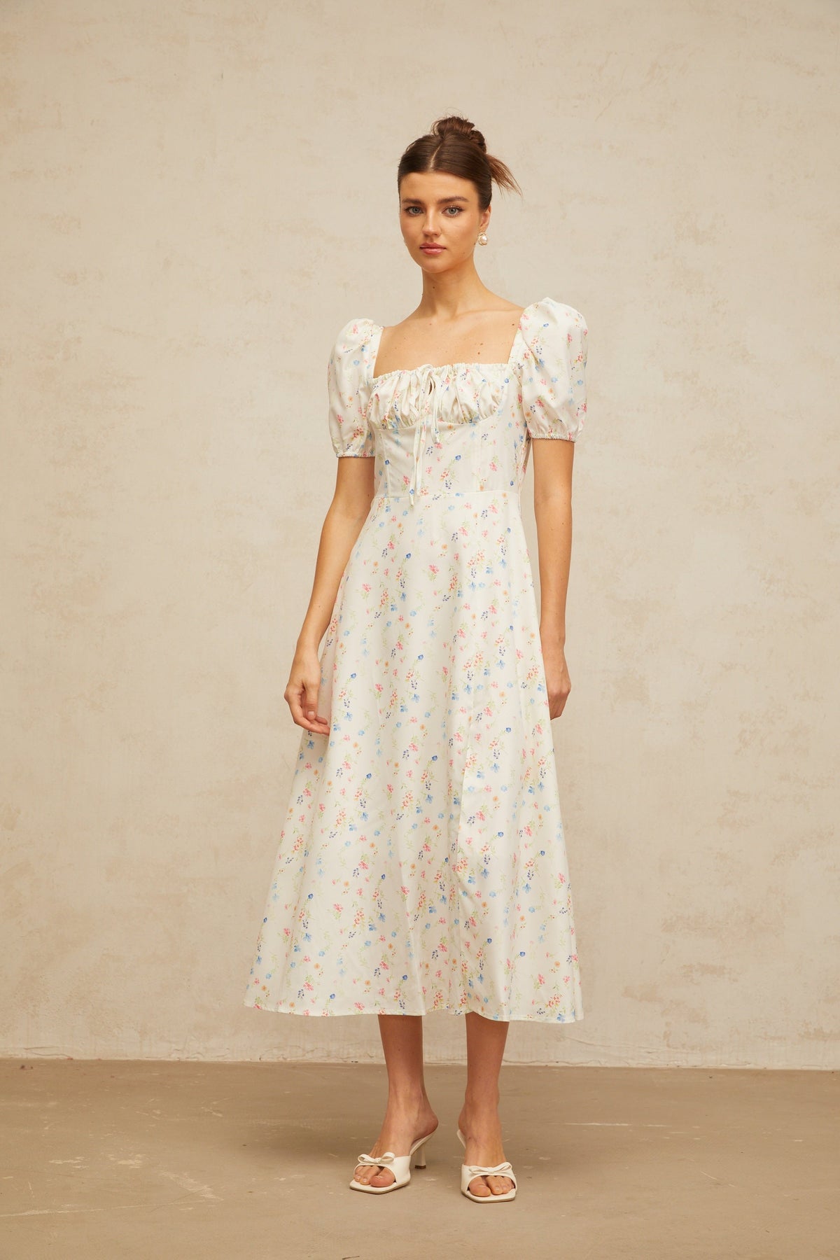 Eva white floral-print flared midi dress