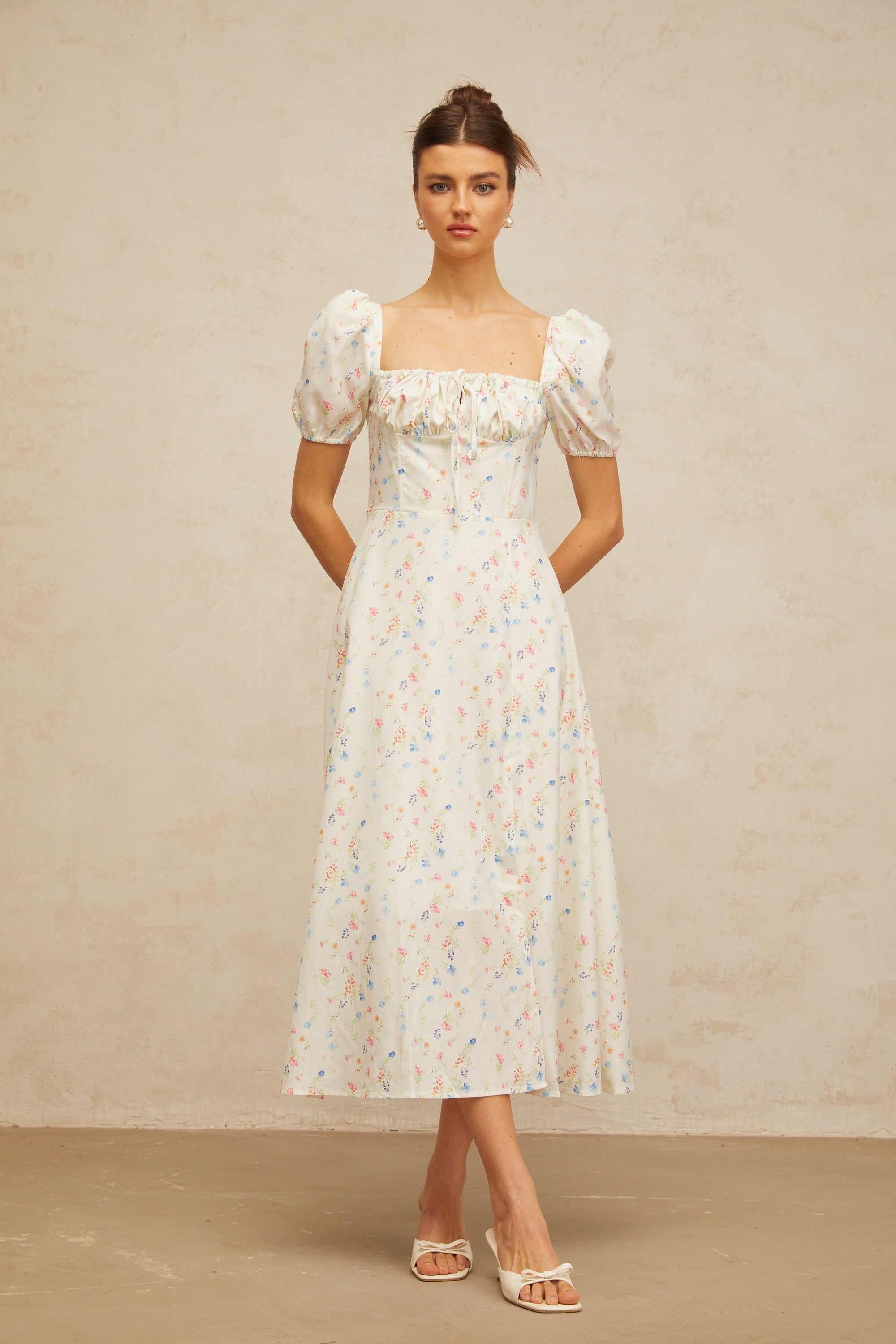 Eva white floral-print flared midi dress