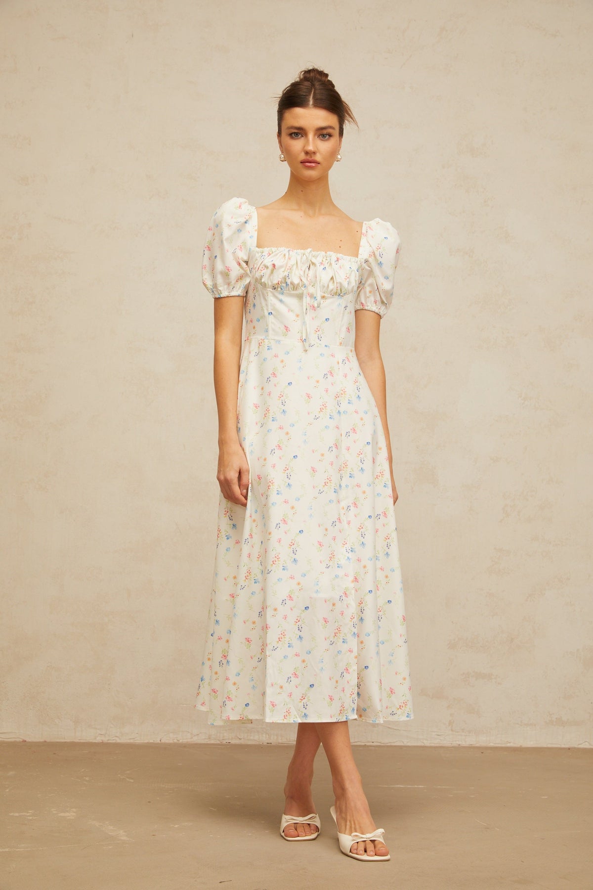 Eva white floral-print flared midi dress