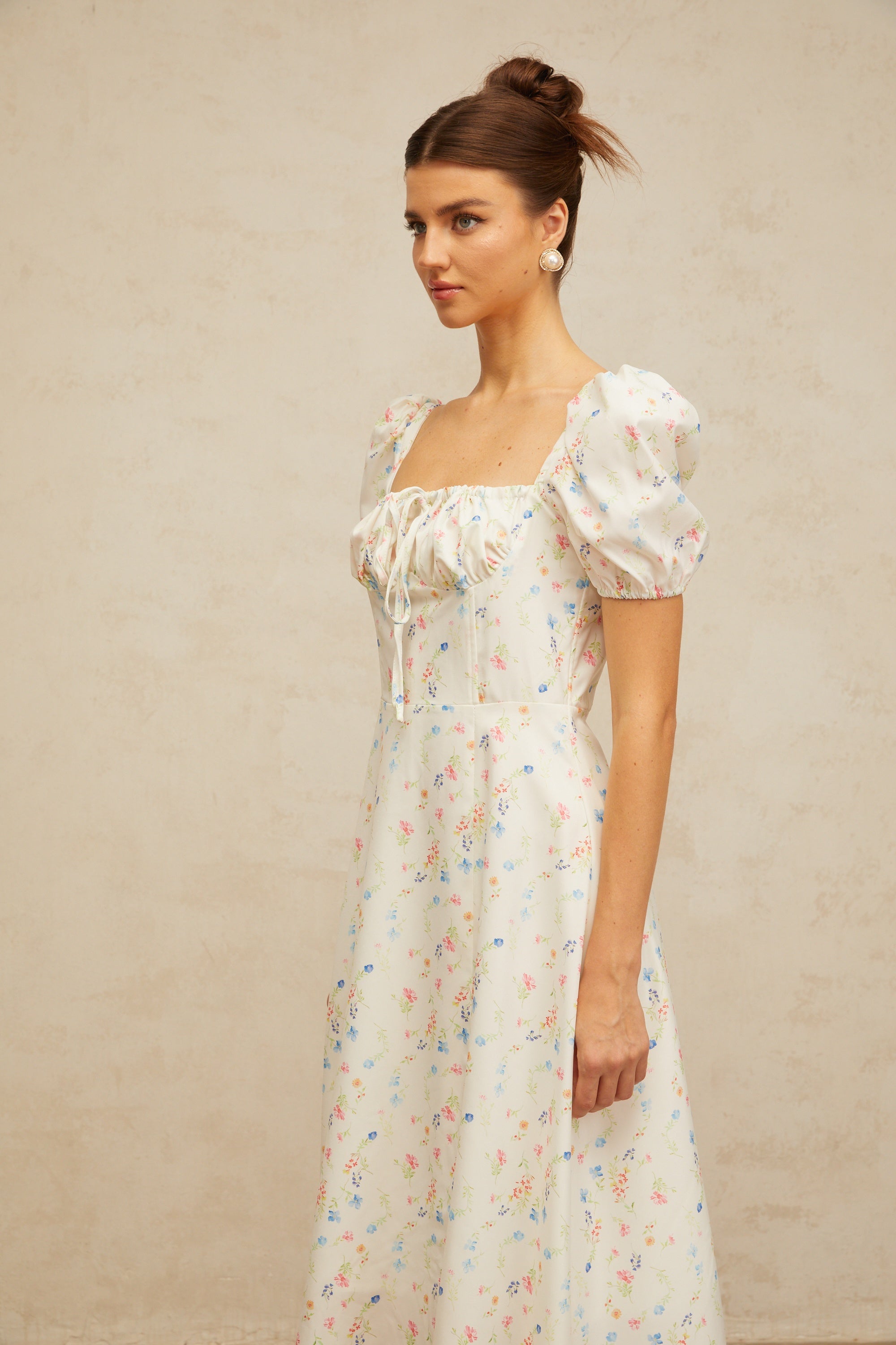 Eva white floral-print flared midi dress