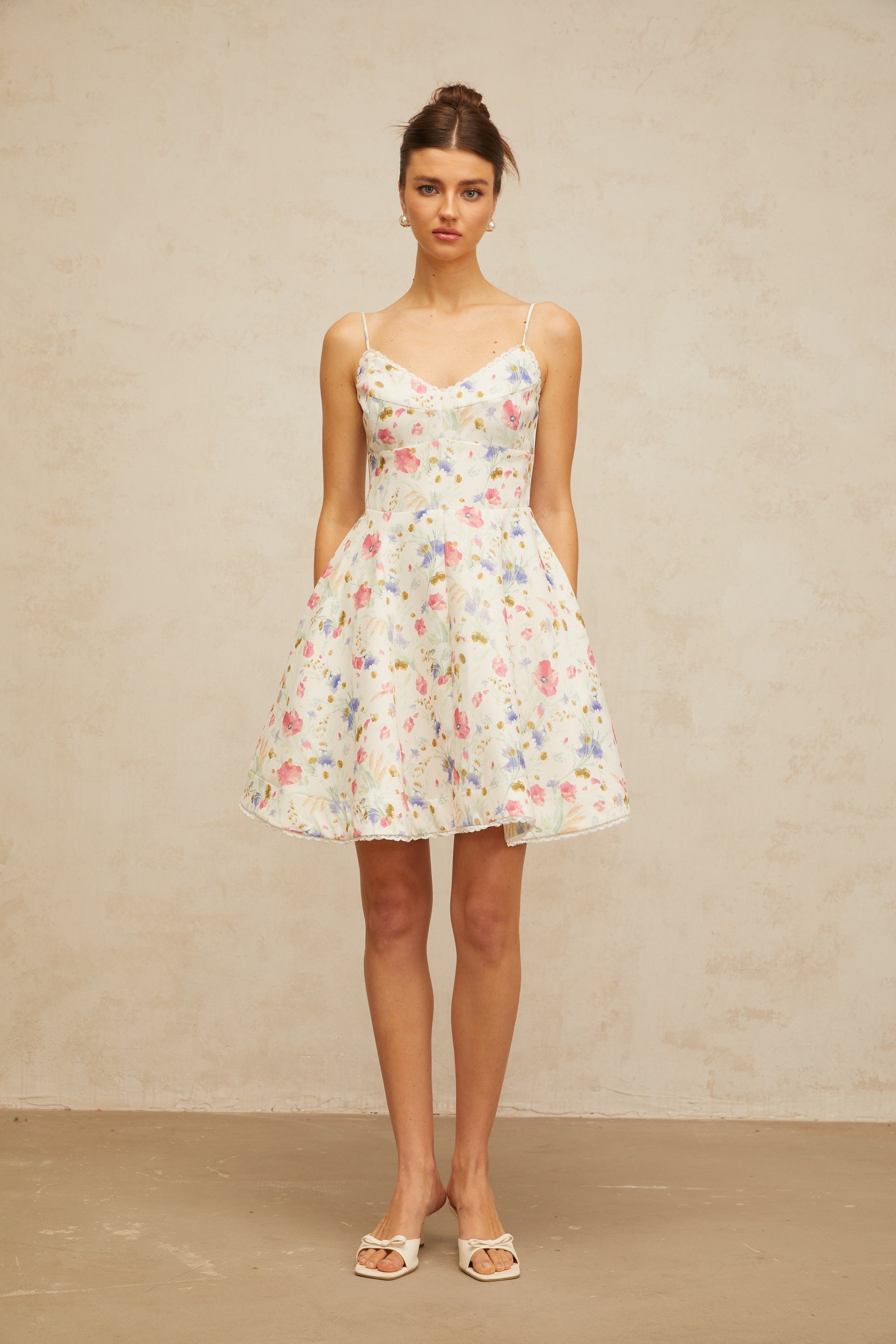 Avril floral-print flounced mini dress in White (Final Sale)