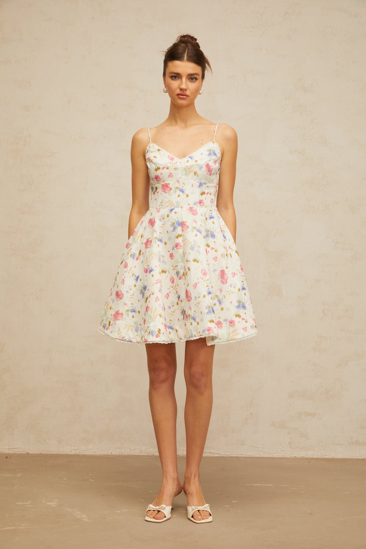 Avril floral-print flounced mini dress in White (Final Sale)