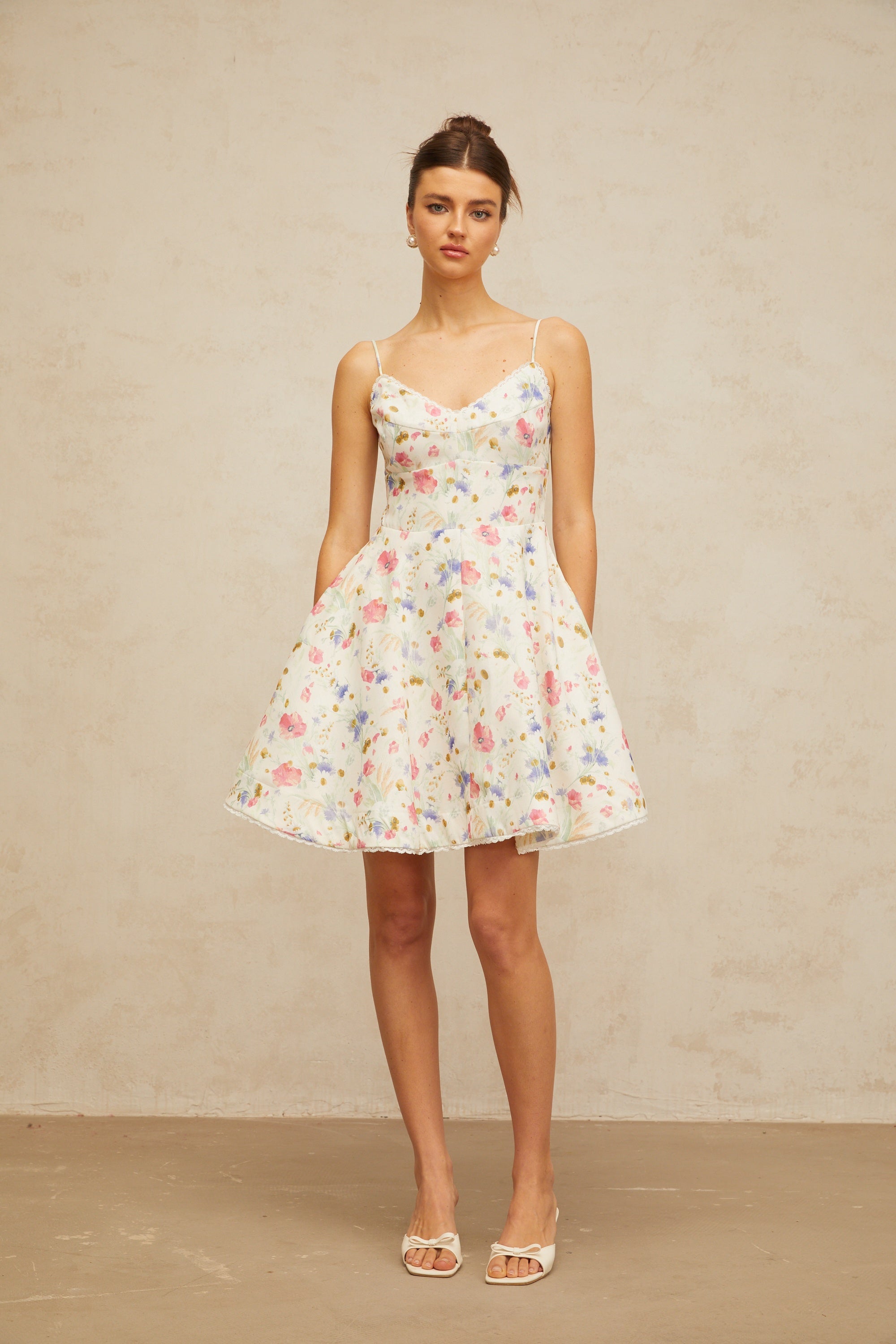 Avril floral-print flounced mini dress in White (Final Sale)
