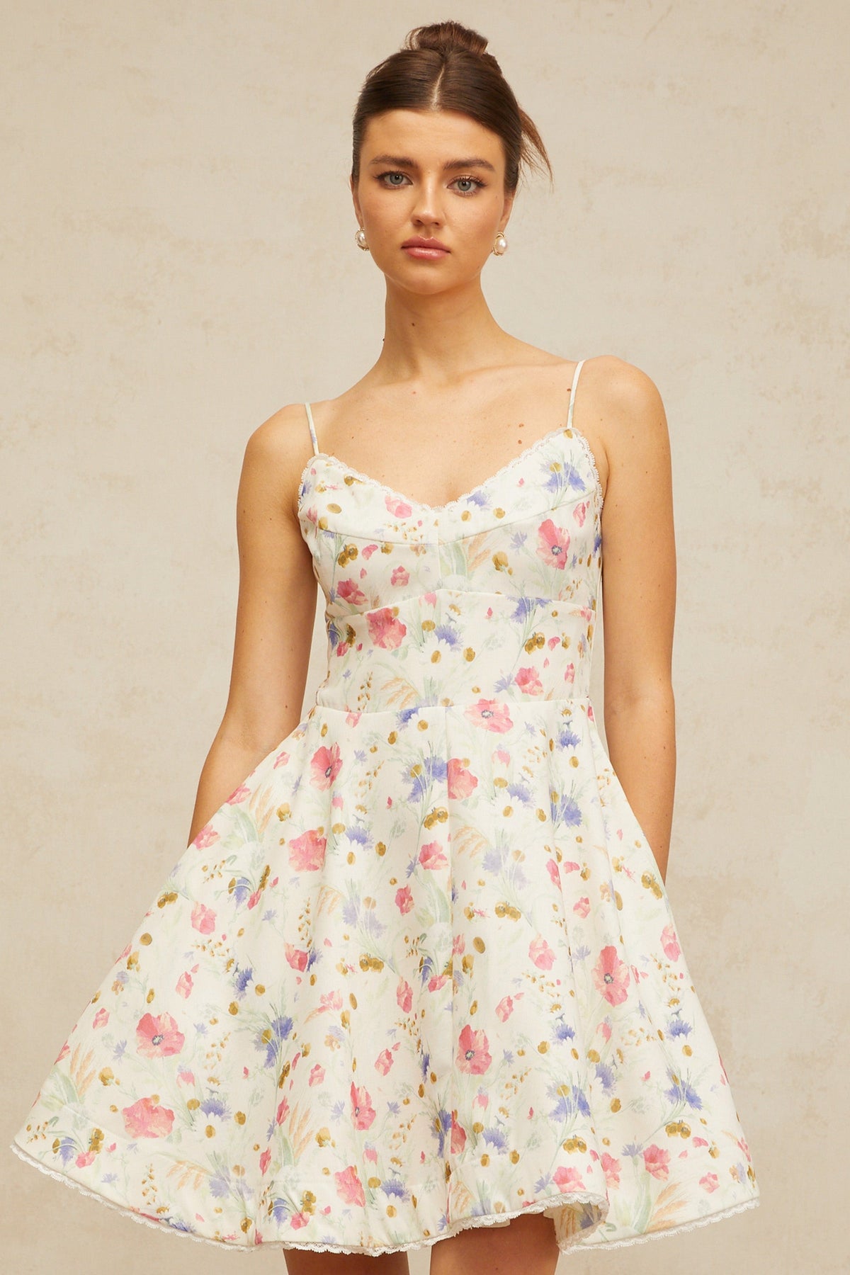 Avril floral-print flounced mini dress in White (Final Sale)