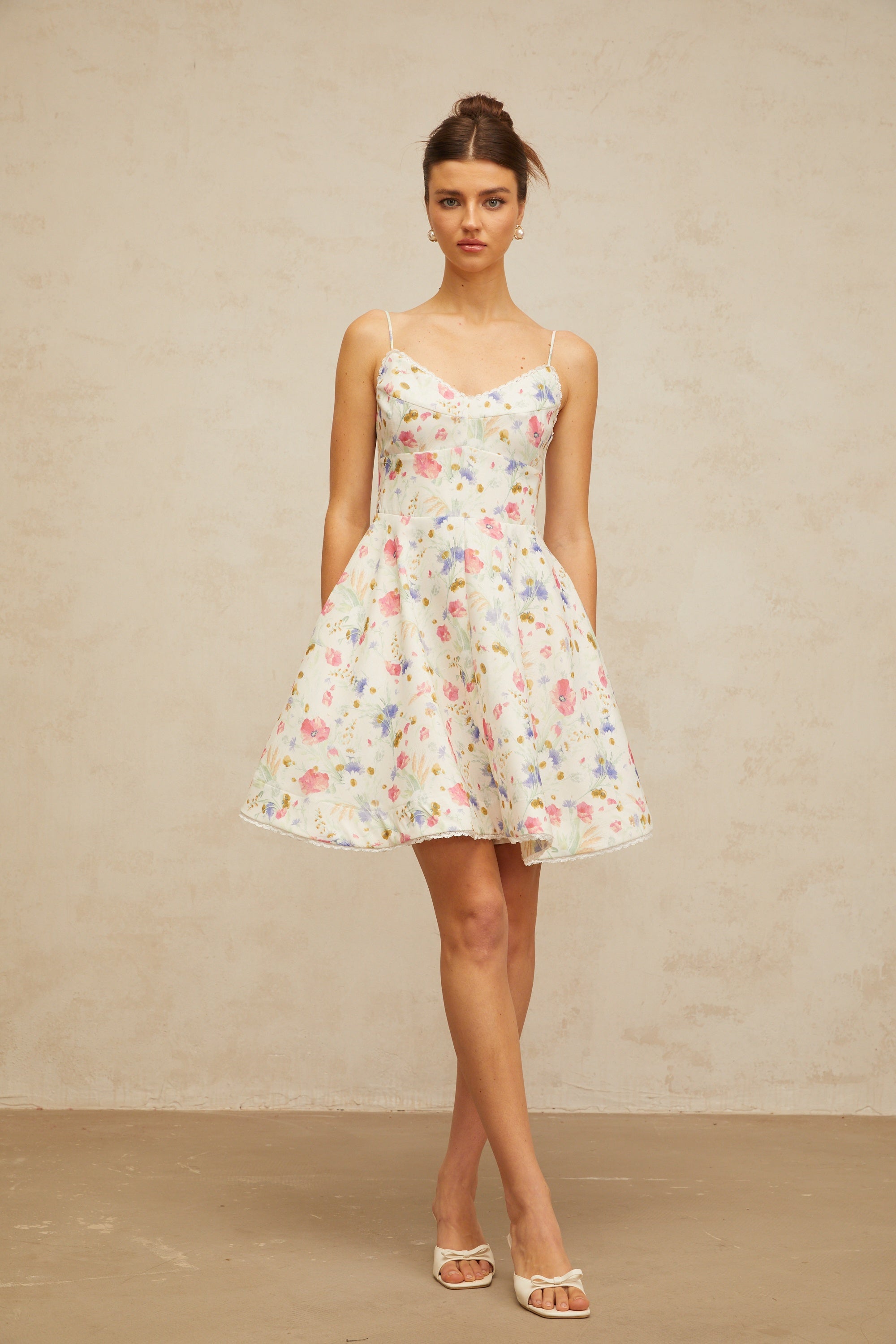 Avril floral-print flounced mini dress in White (Final Sale)