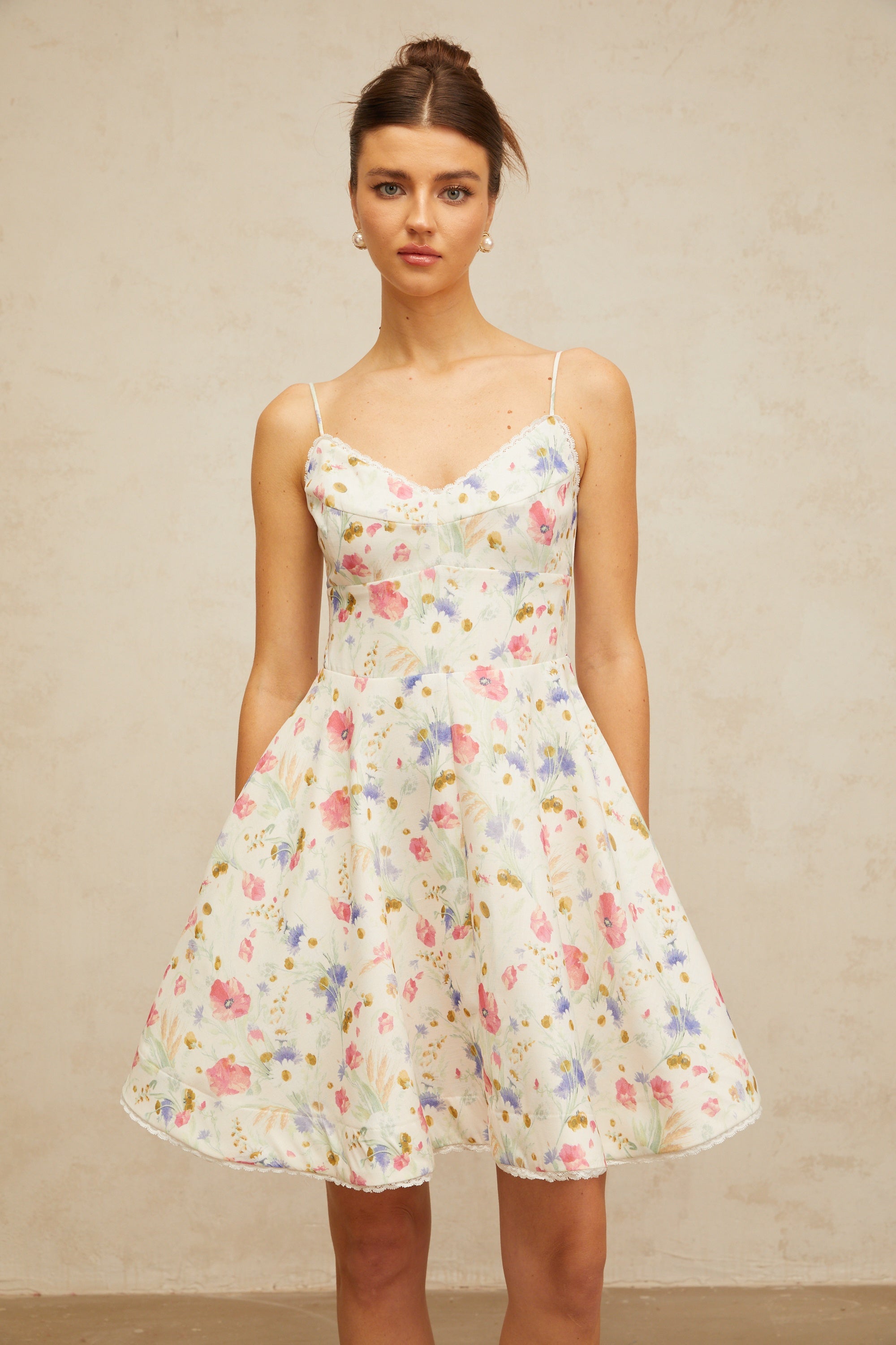 Avril floral-print flounced mini dress in White (Final Sale)
