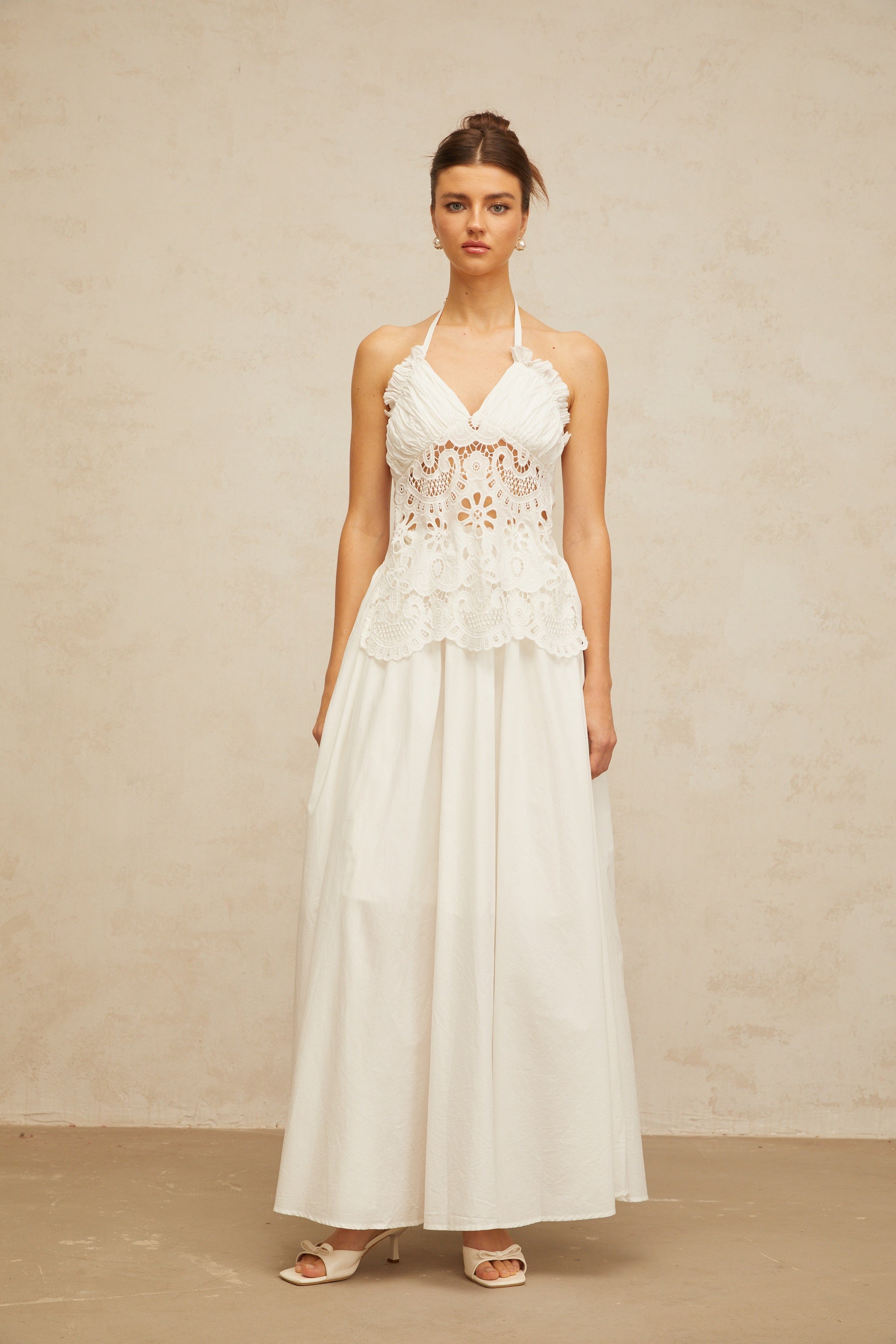 Bérénice white cut-out floral-embroidered shirred maxi dress