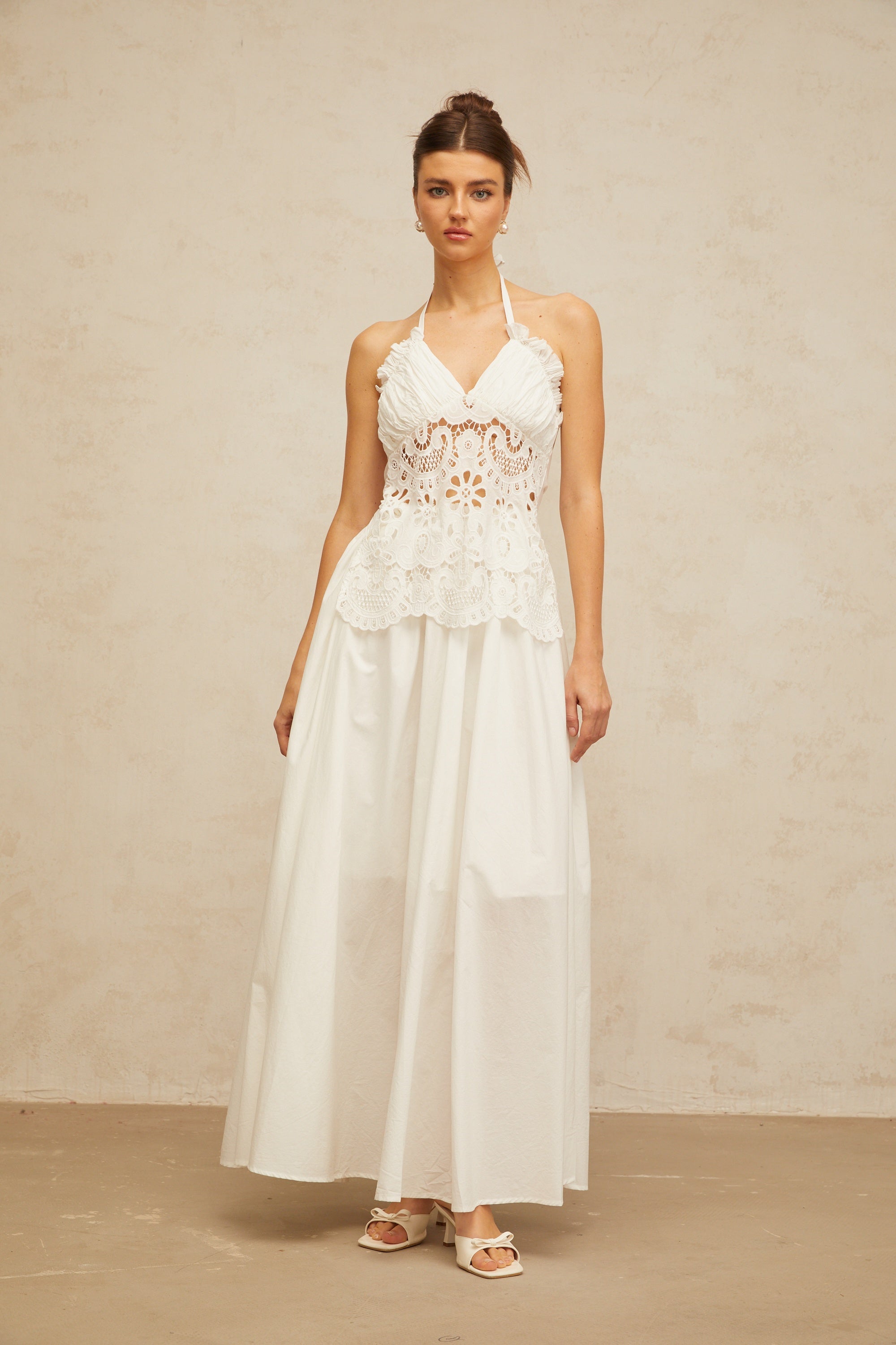 Bérénice white cut-out floral-embroidered shirred maxi dress