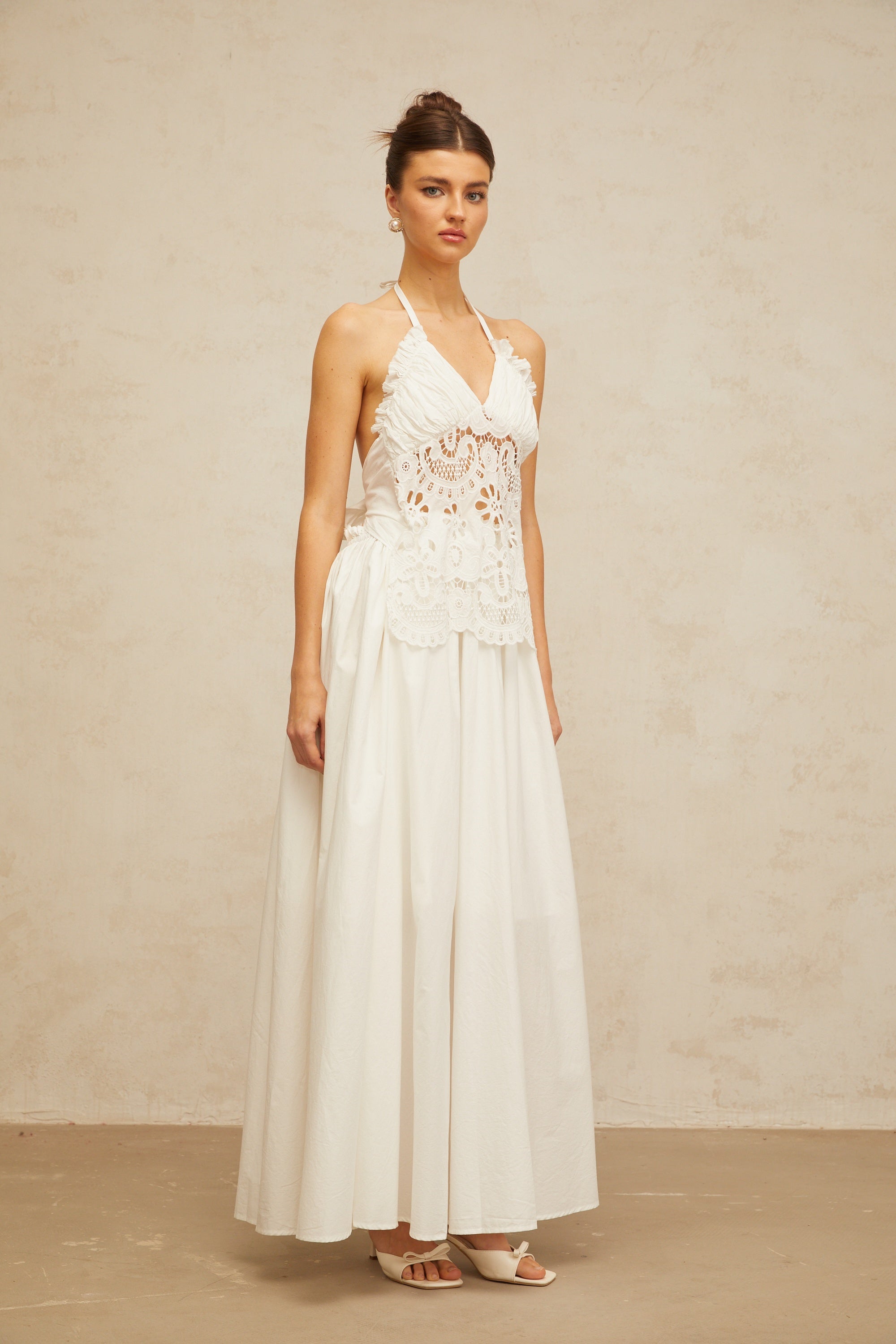 Bérénice white cut-out floral-embroidered shirred maxi dress