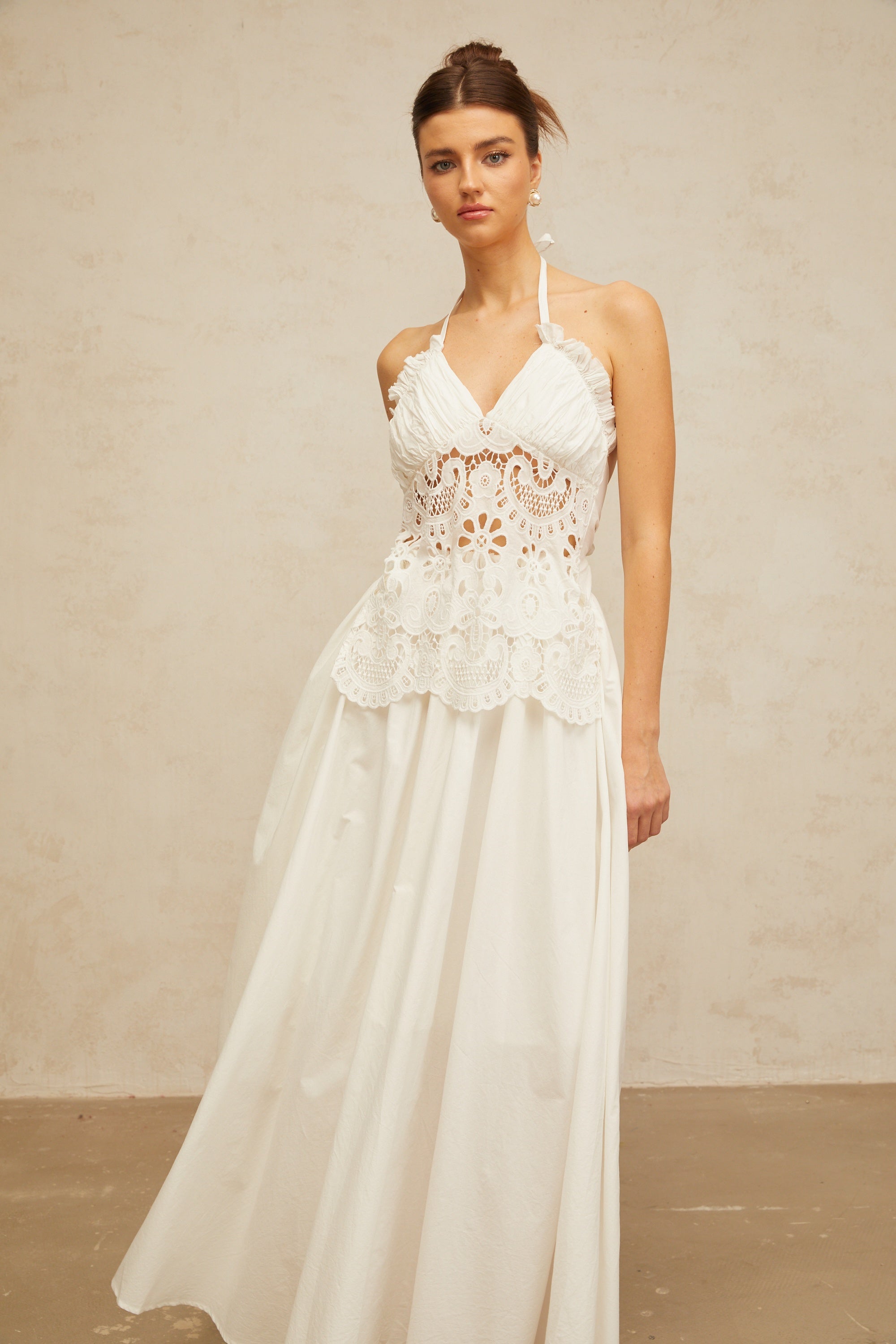 Bérénice white cut-out floral-embroidered shirred maxi dress