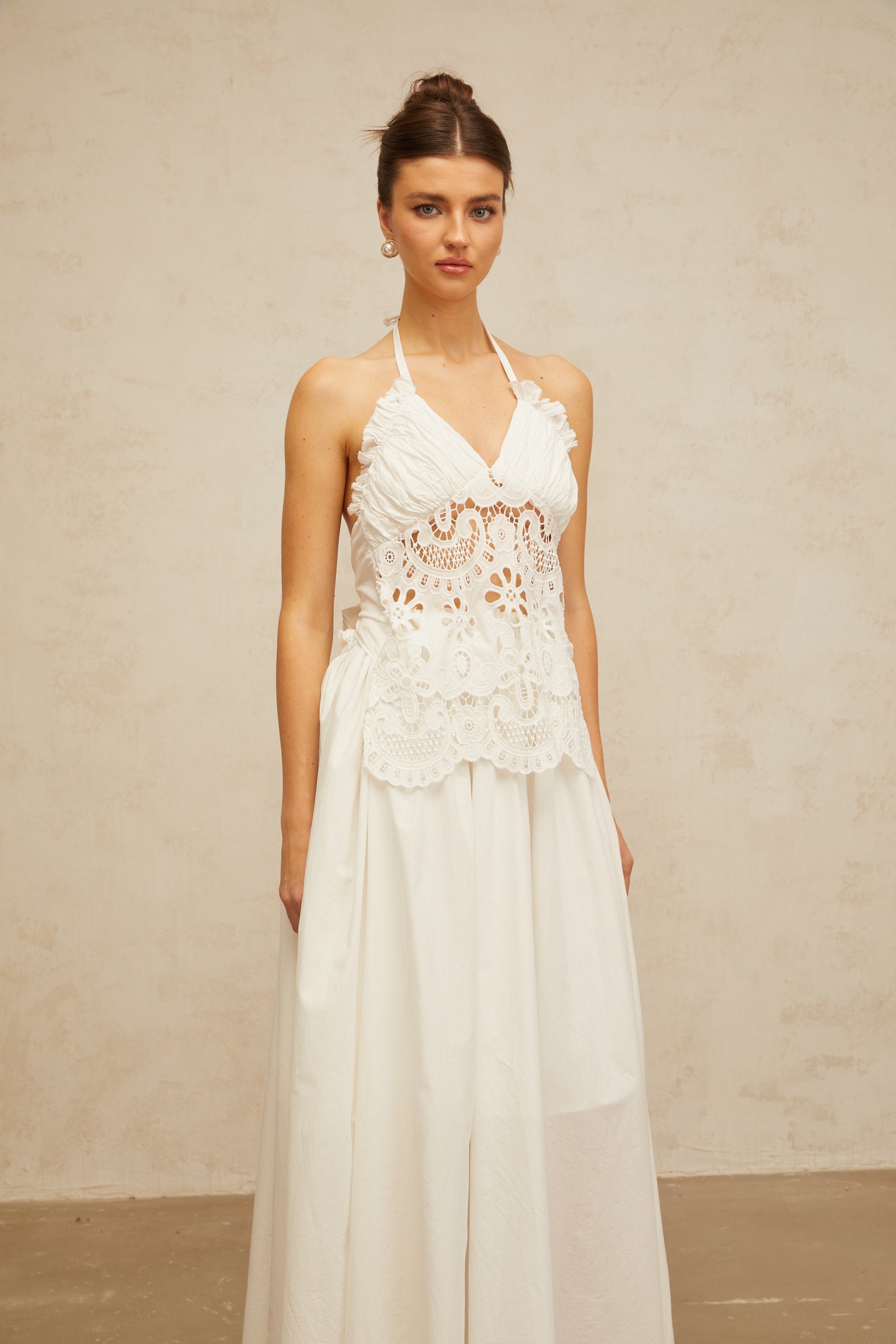 Bérénice white cut-out floral-embroidered shirred maxi dress