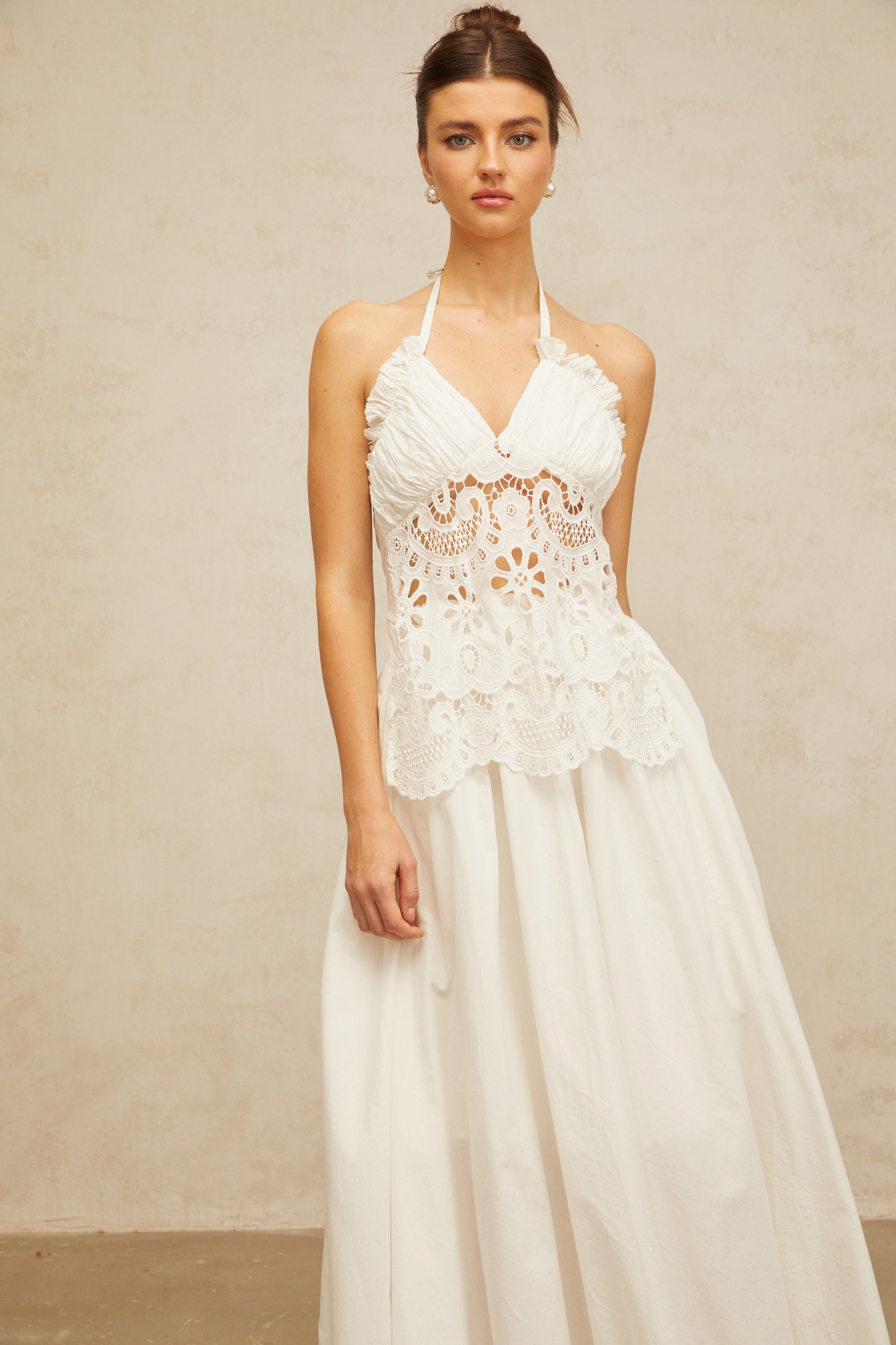 Bérénice white cut-out floral-embroidered shirred maxi dress