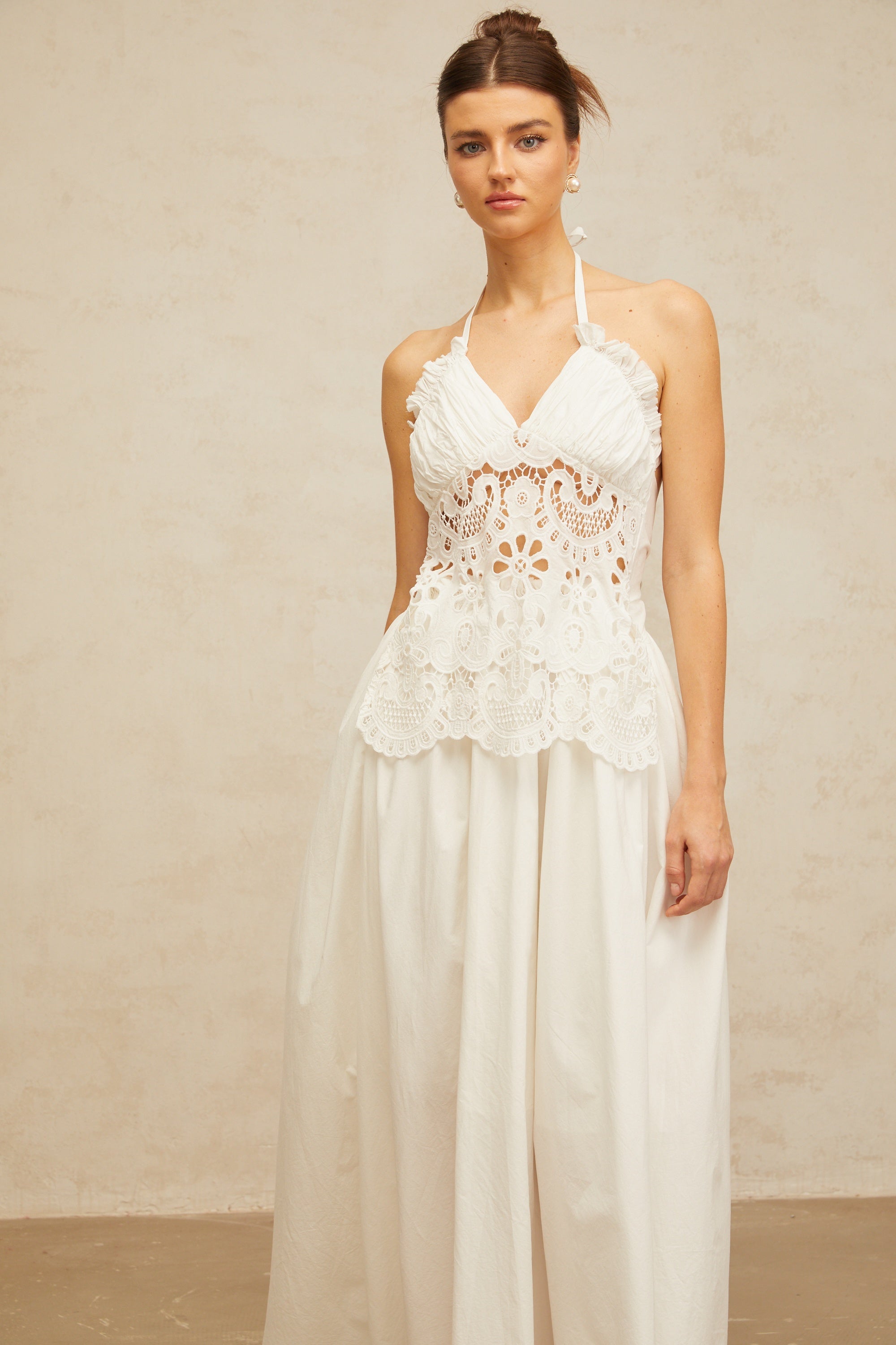 Bérénice white cut-out floral-embroidered shirred maxi dress