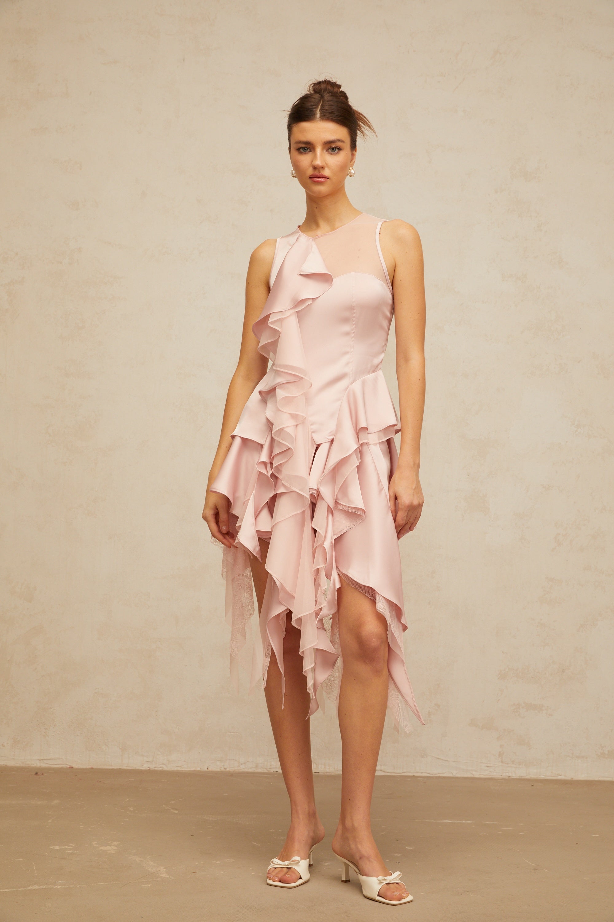 Calliopée pink asymmetrical ruffled panelled top & skirt matching set