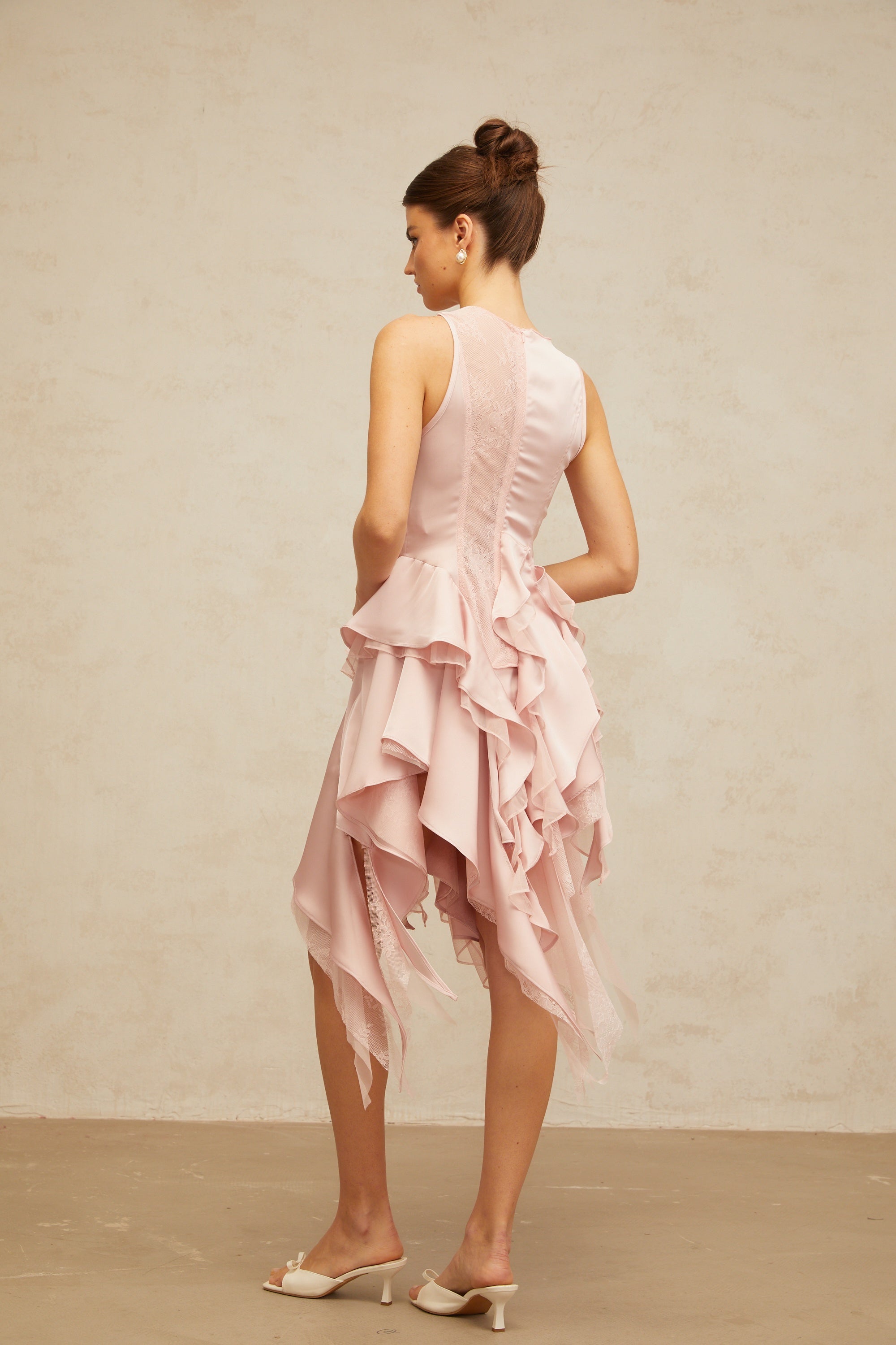 Calliopée pink asymmetrical ruffled panelled top & skirt matching set
