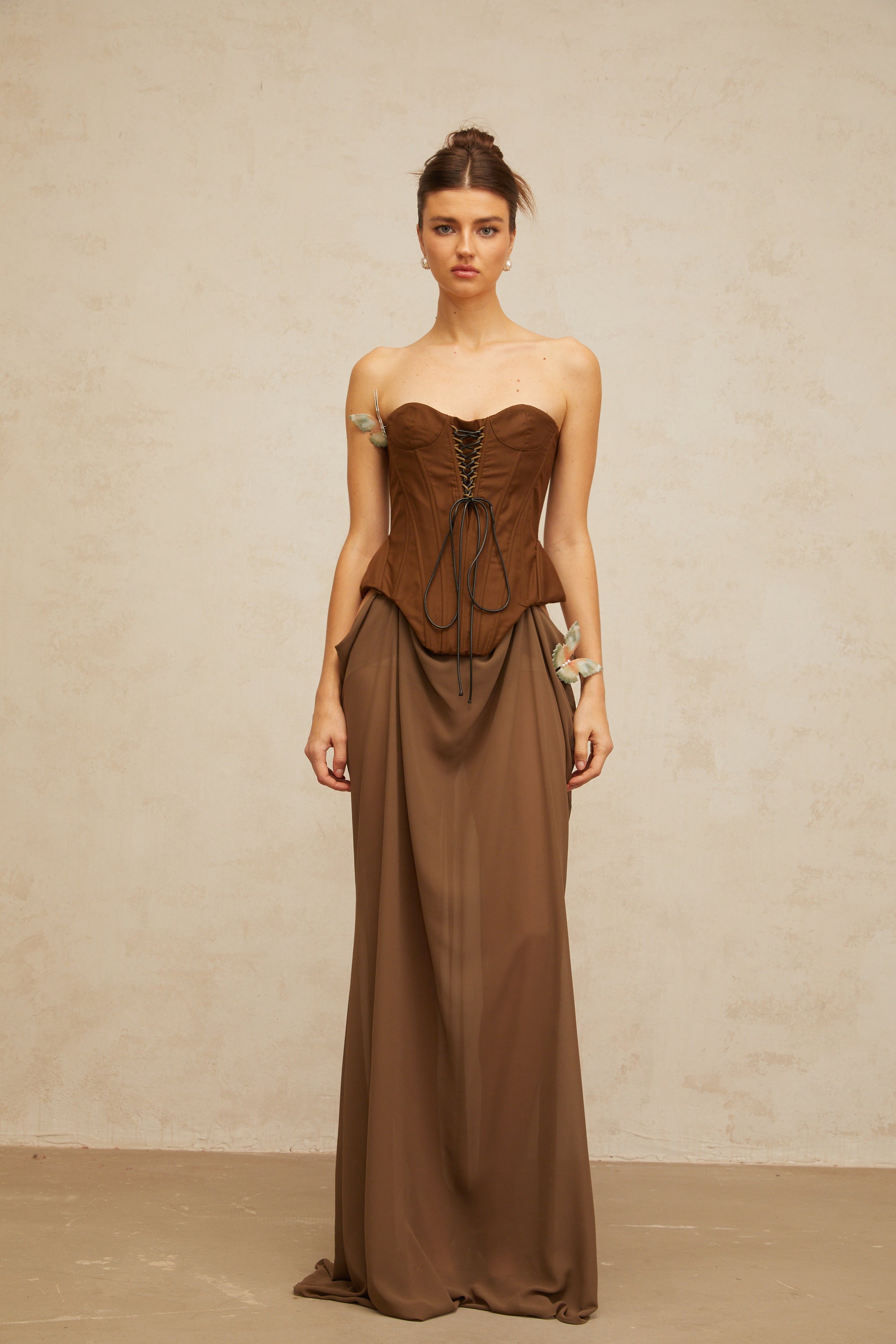 Eva brown butterfly-pin-detail corset maxi dress
