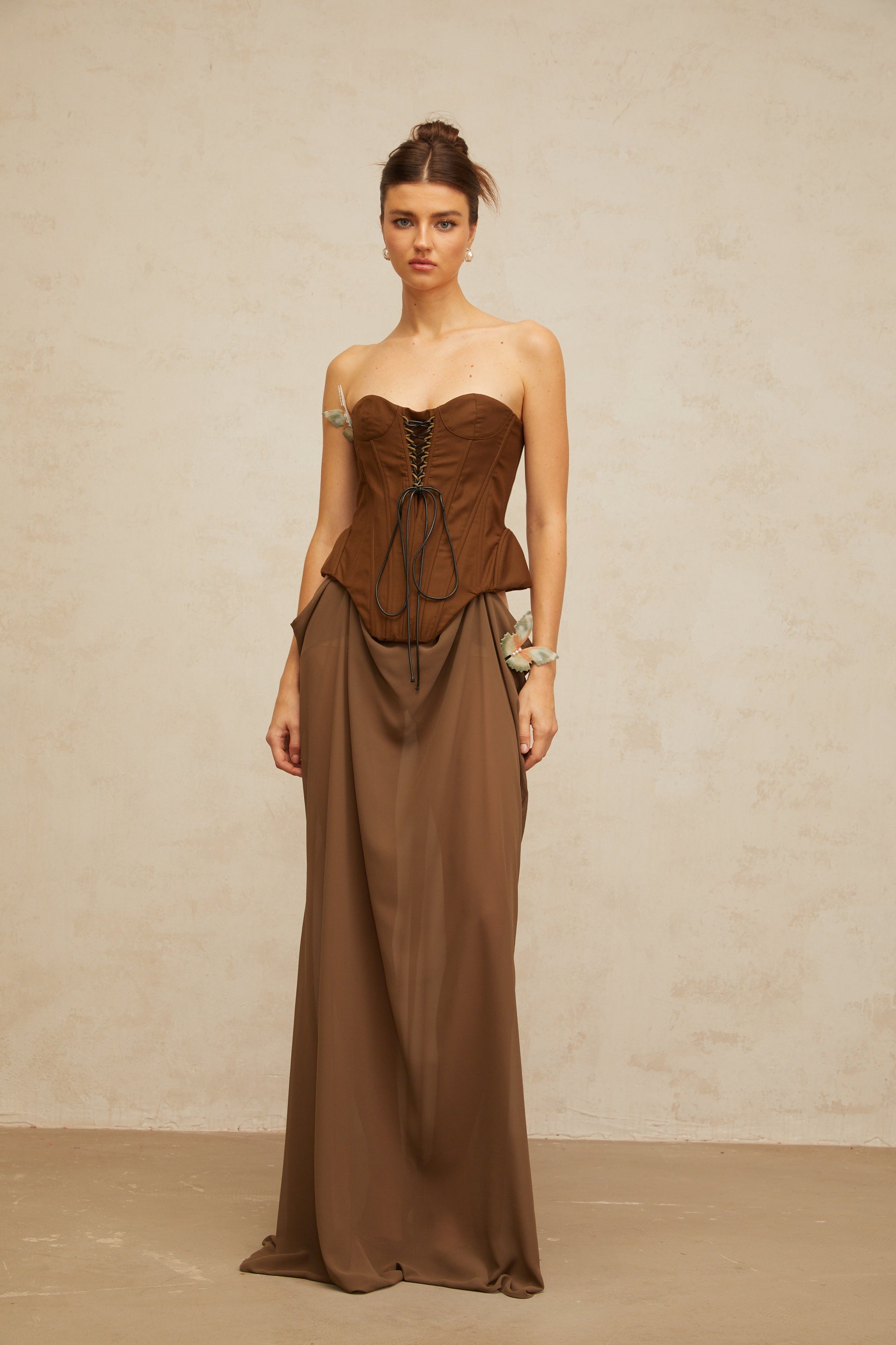 Eva brown butterfly-pin-detail corset maxi dress