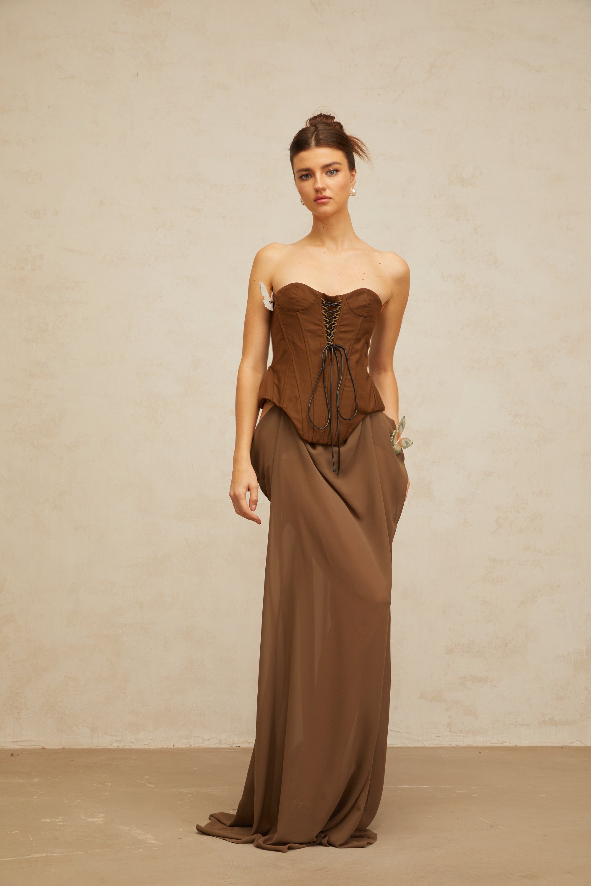 Eva brown butterfly-pin-detail corset maxi dress