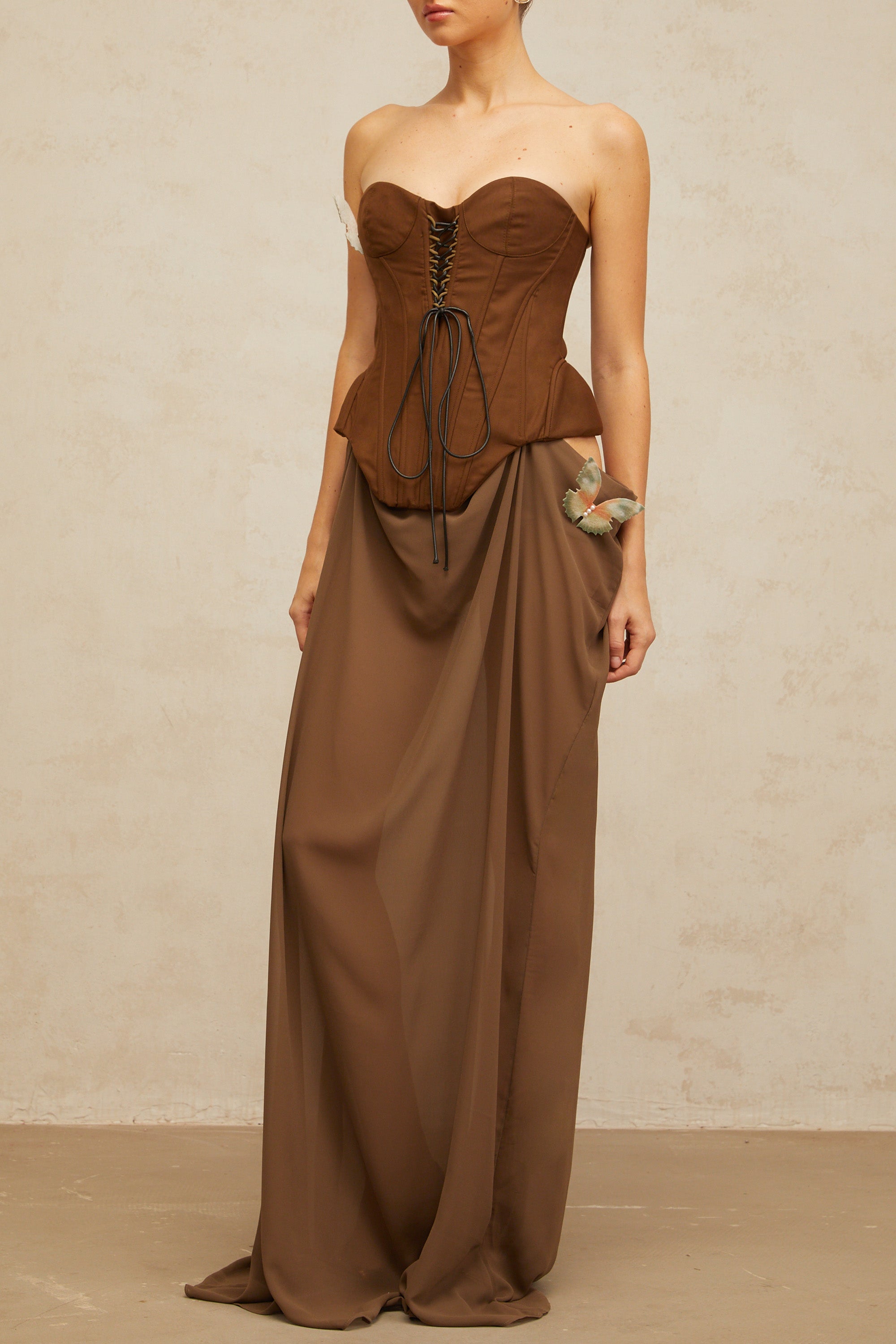 Eva brown butterfly-pin-detail corset maxi dress