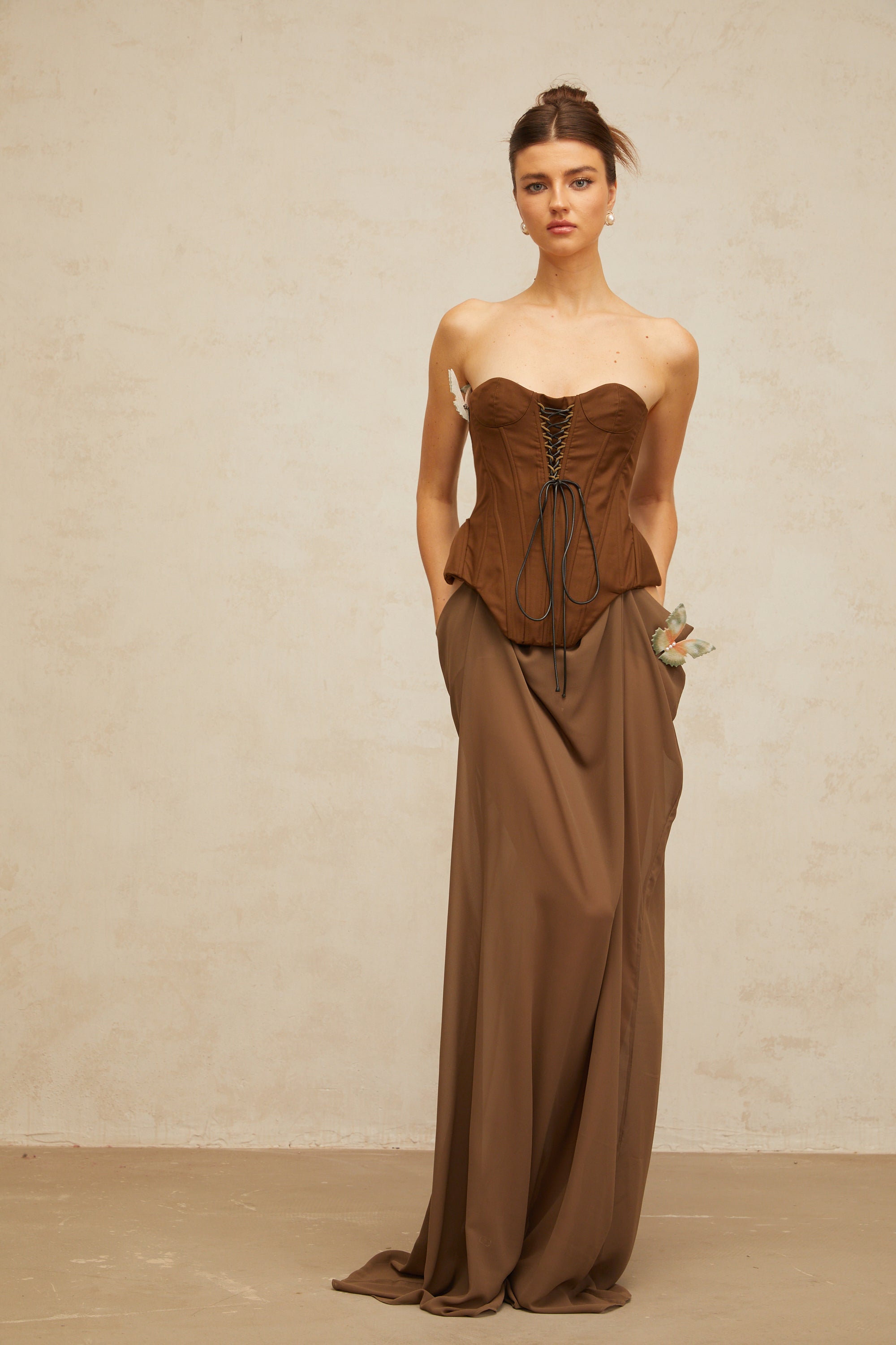 Eva brown butterfly-pin-detail corset maxi dress
