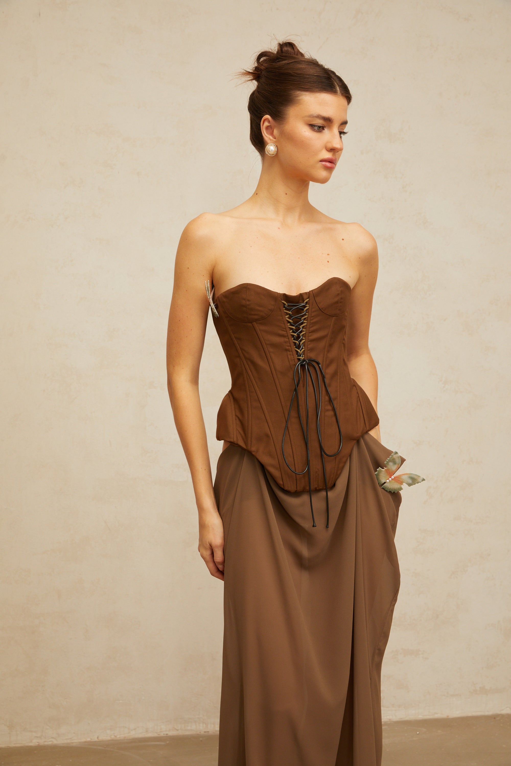 Eva brown butterfly-pin-detail corset maxi dress