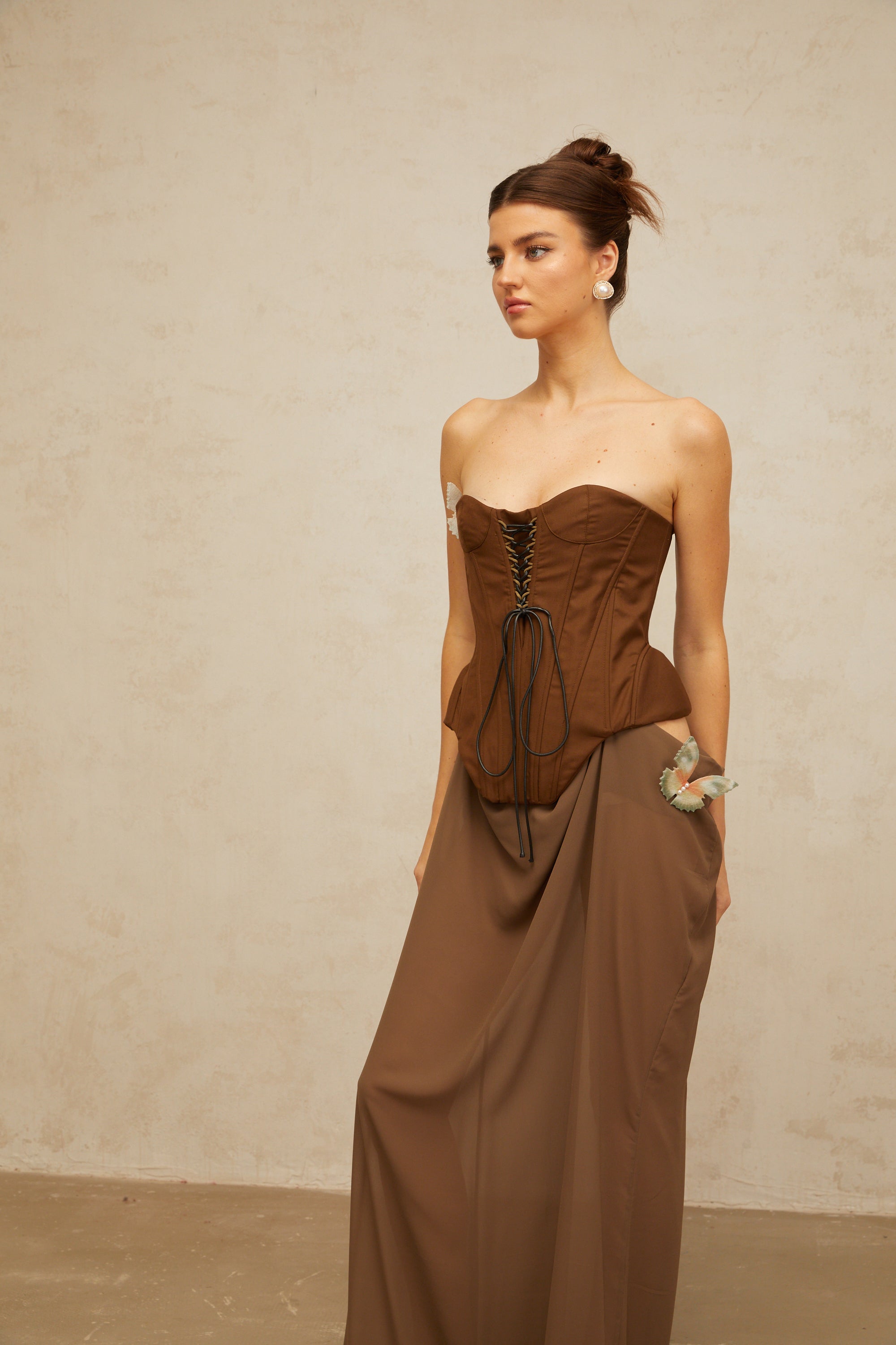 Eva brown butterfly-pin-detail corset maxi dress