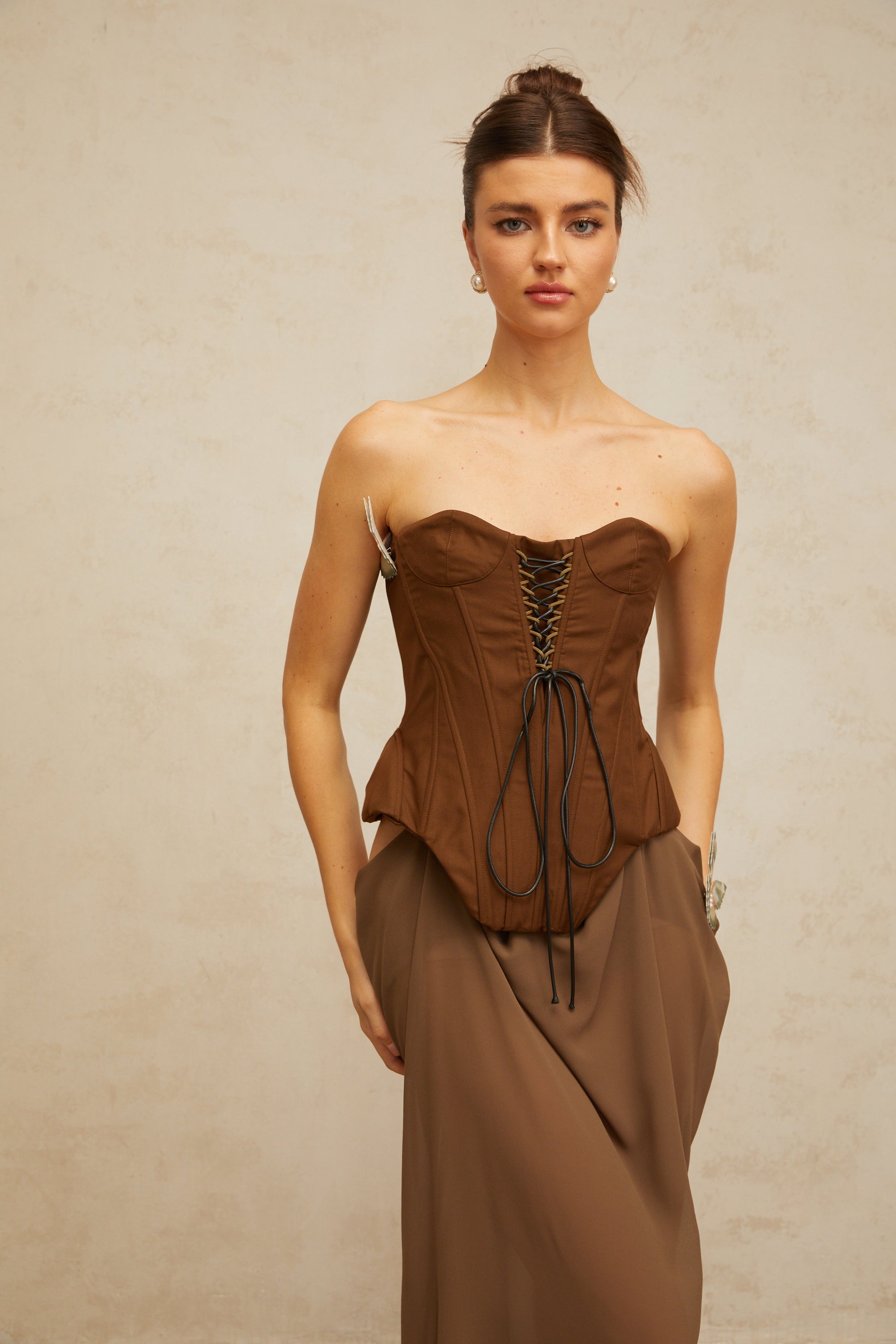 Eva brown butterfly-pin-detail corset maxi dress